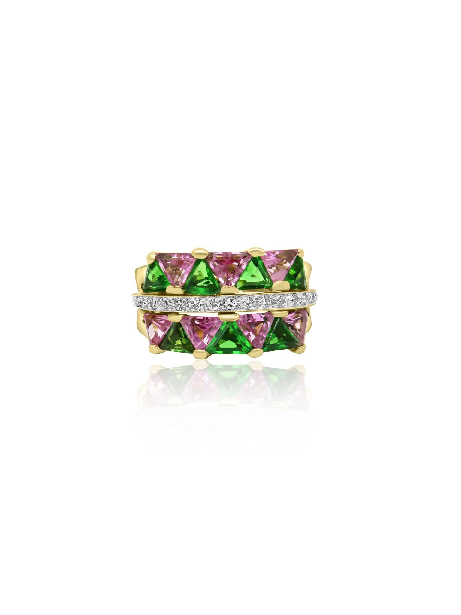 Trillion Cut Mozafarian Tsavorite and Sapphire Ring with Diamond Accent For Sale
