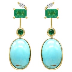 Mozafarian Turquoise and Emerald Detachable Earrings in 18K Gold
