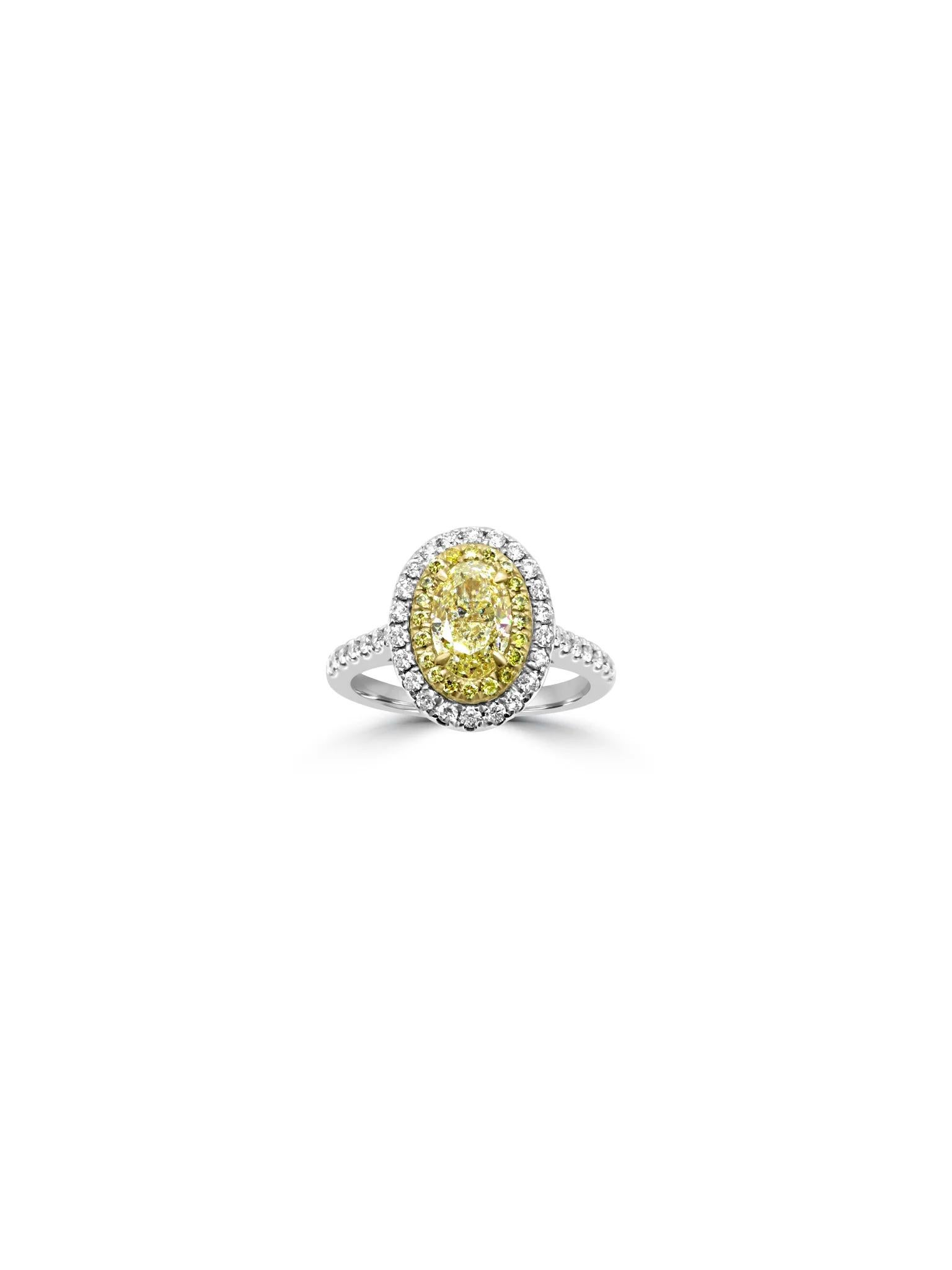 Exquisito anillo ovalado de oro blanco de 18 quilates con un impresionante diamante amarillo en el centro, rodeado por un radiante halo de diamantes. La banda está elegantemente adornada con diamantes más pequeños a lo largo de sus lados, que añaden