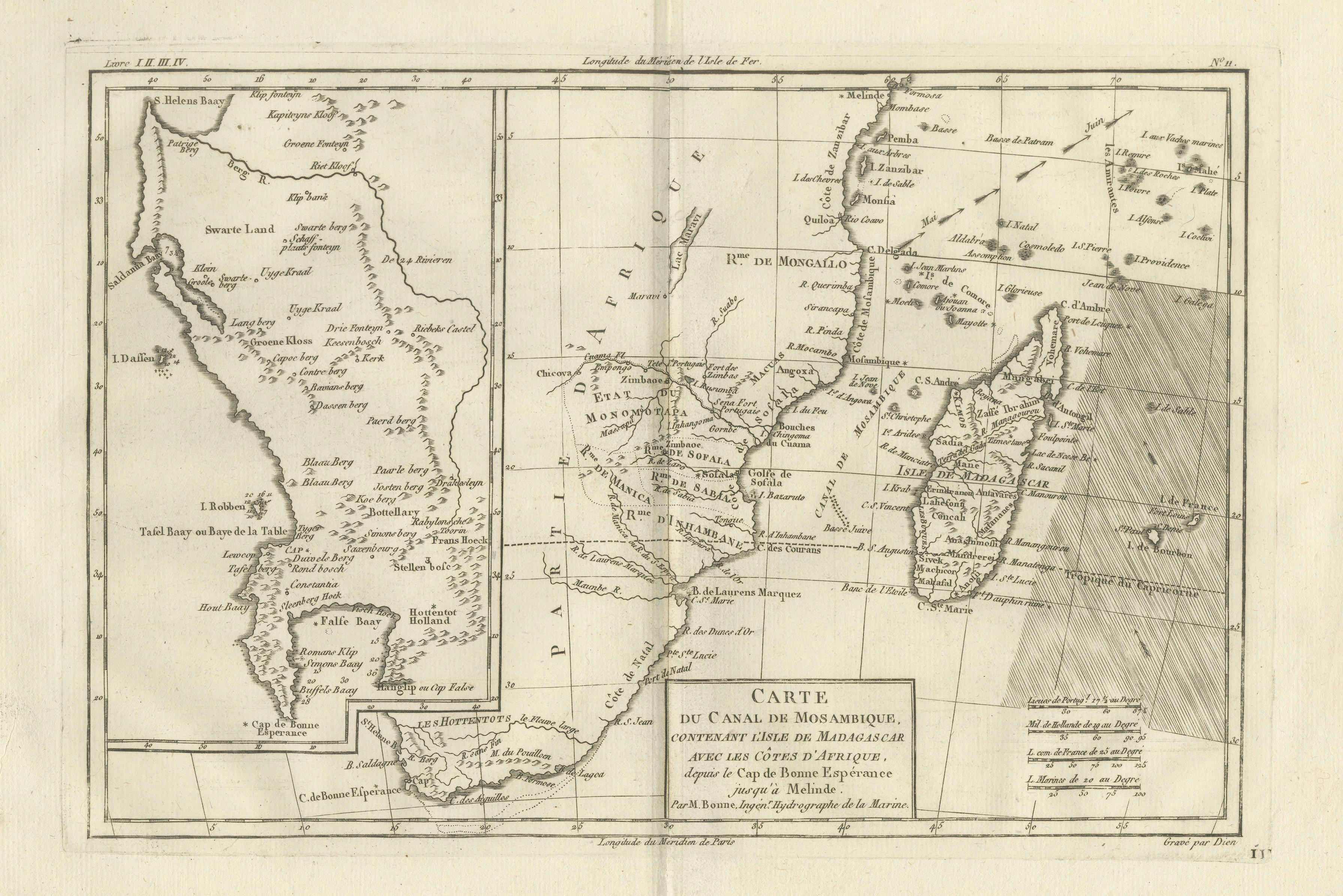 Mozambique Channel & Madagascar – Antique African Sea Chart, Bonne c1780