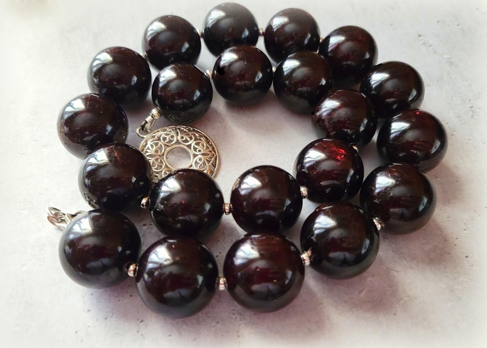 The fantastic necklace is made with huge, rare size, Natural Mozambique Garnet Almandine. These beads were unique custom cut for our shop.
The length of the necklace is 19 inches ( 48 cm). The rare large size of the round beads is 20 mm.
The color