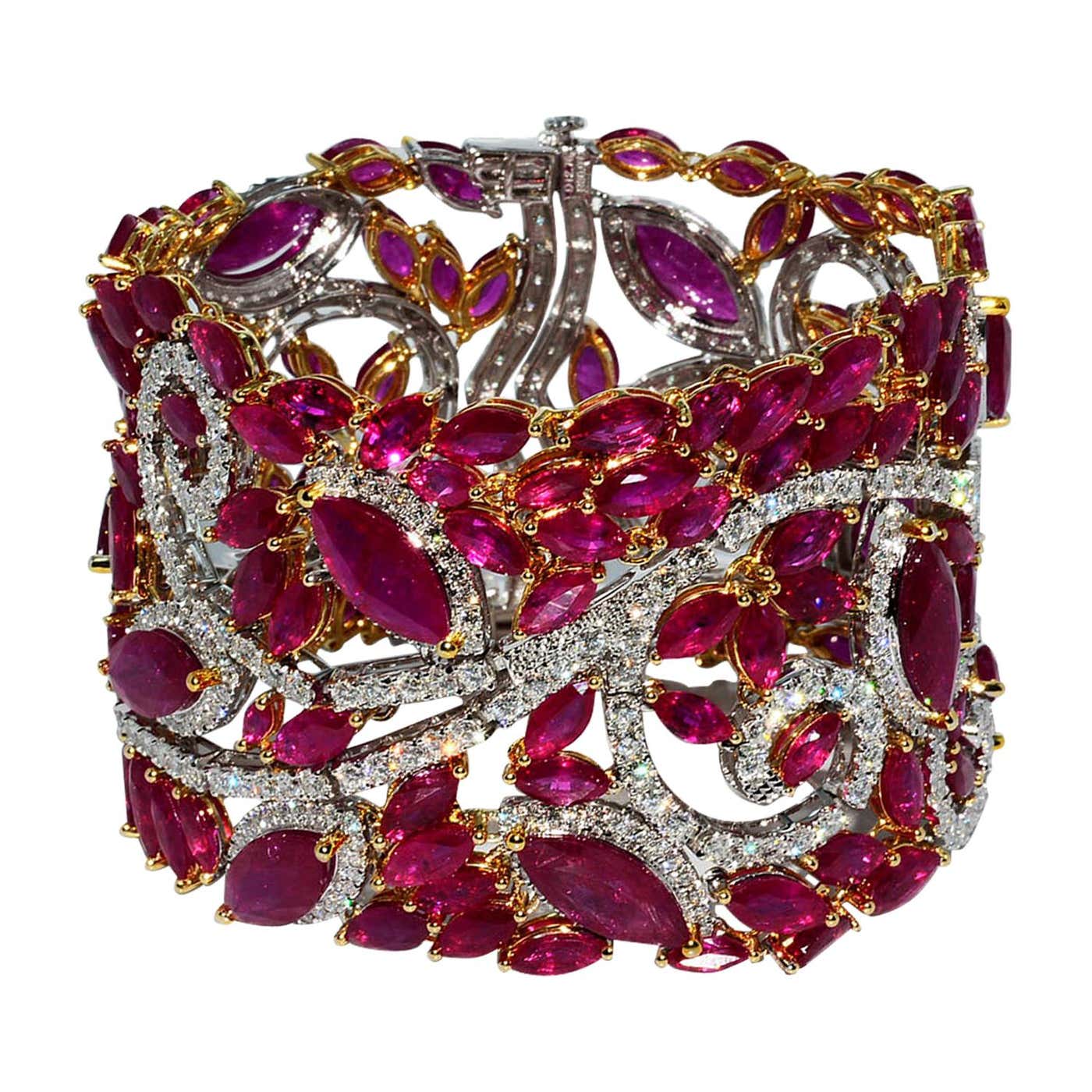 Mozambique Marquise Ruby and Round Diamond 18 Karat 2-Tone Bracelet at ...