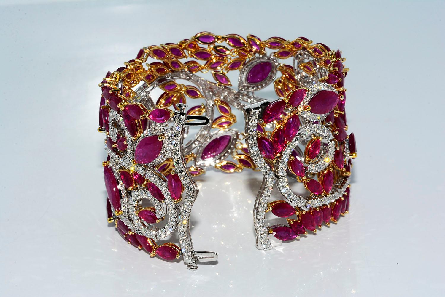 Mozambique Marquise Ruby and Round Diamond 18 Karat 2-Tone Bracelet at ...