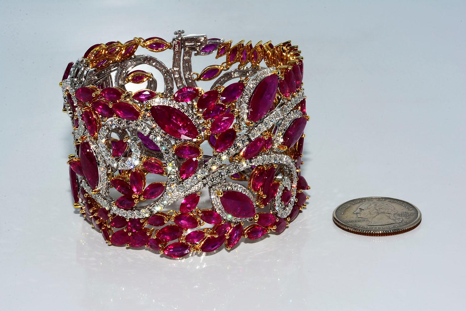Mozambique Marquise Ruby and Round Diamond 18 Karat 2-Tone Bracelet at ...