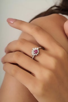 Mozambique Natural Ruby & Diamond Floral Halo Cocktail Ring in 18K White Gold