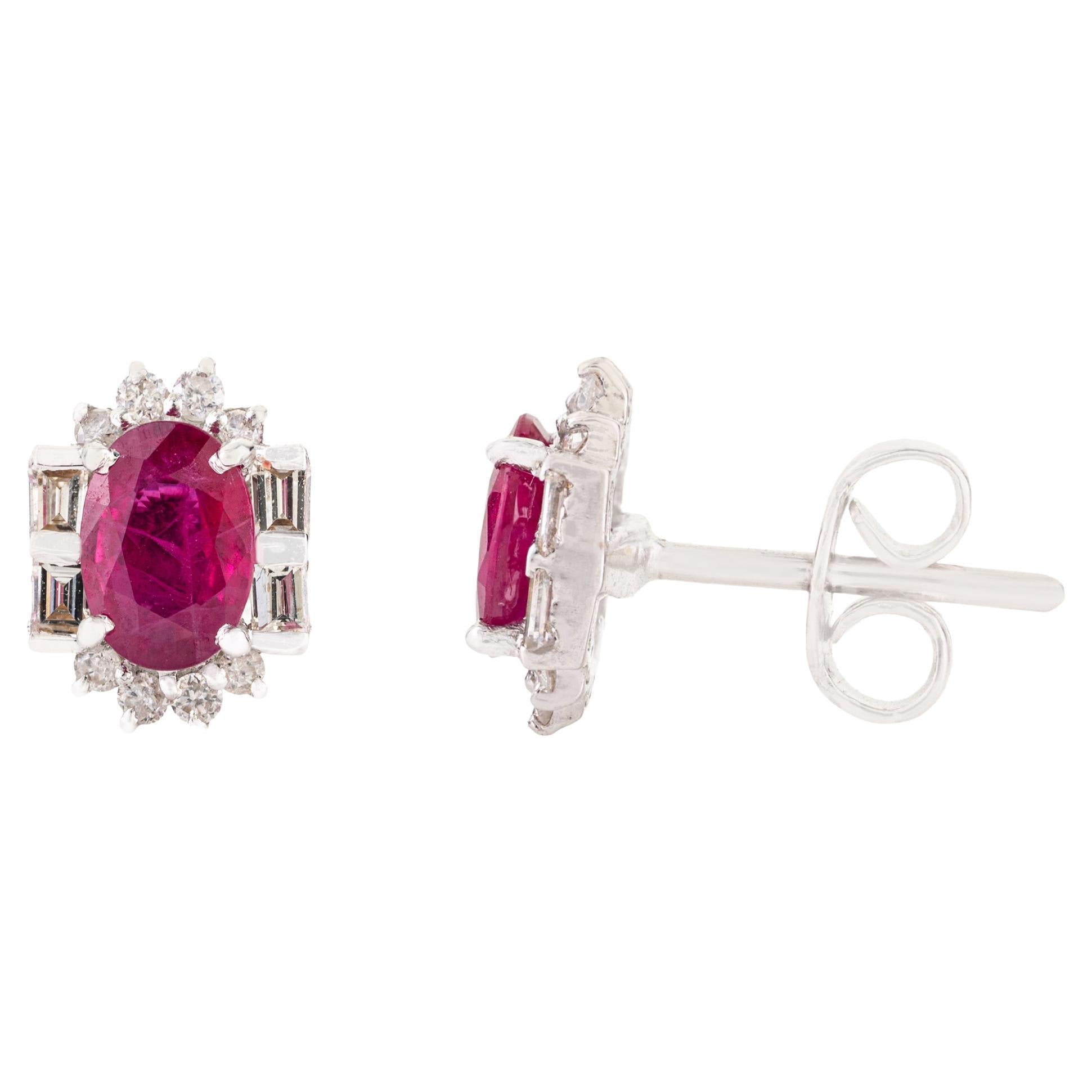 Mozambique Oval Ruby Diamond Halo Stud Earrings in 14K White Gold Fine Jewelry