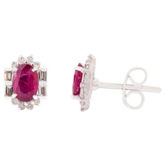 Mozambique - Boucles d'oreilles ovales en or blanc 14 carats avec diamant et rubis - Bijoux de qualité