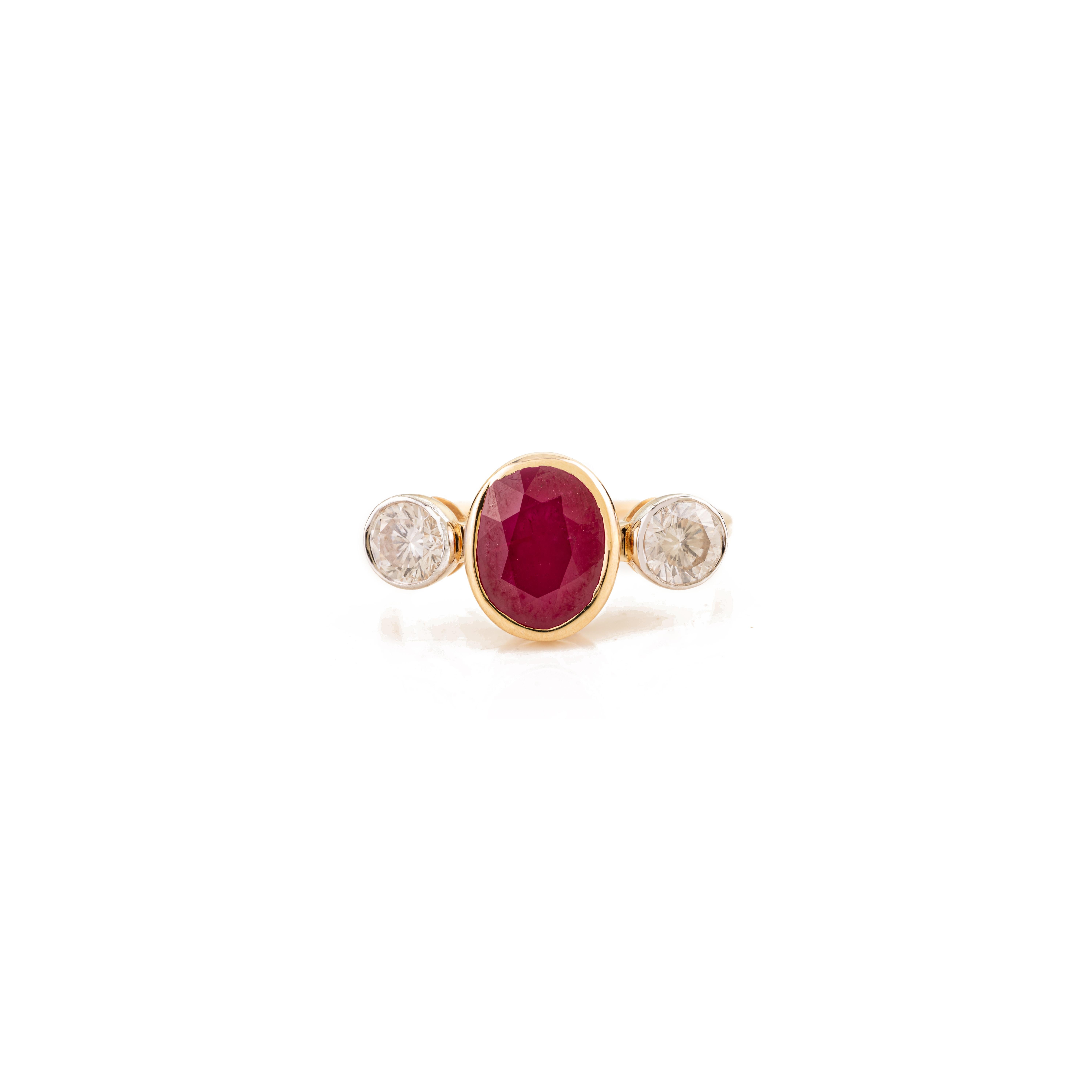 For Sale:  Mozambique Oval Ruby & Diamond Three Stone Ring in 14K Solid Yellow Gold 2.83 Ct
