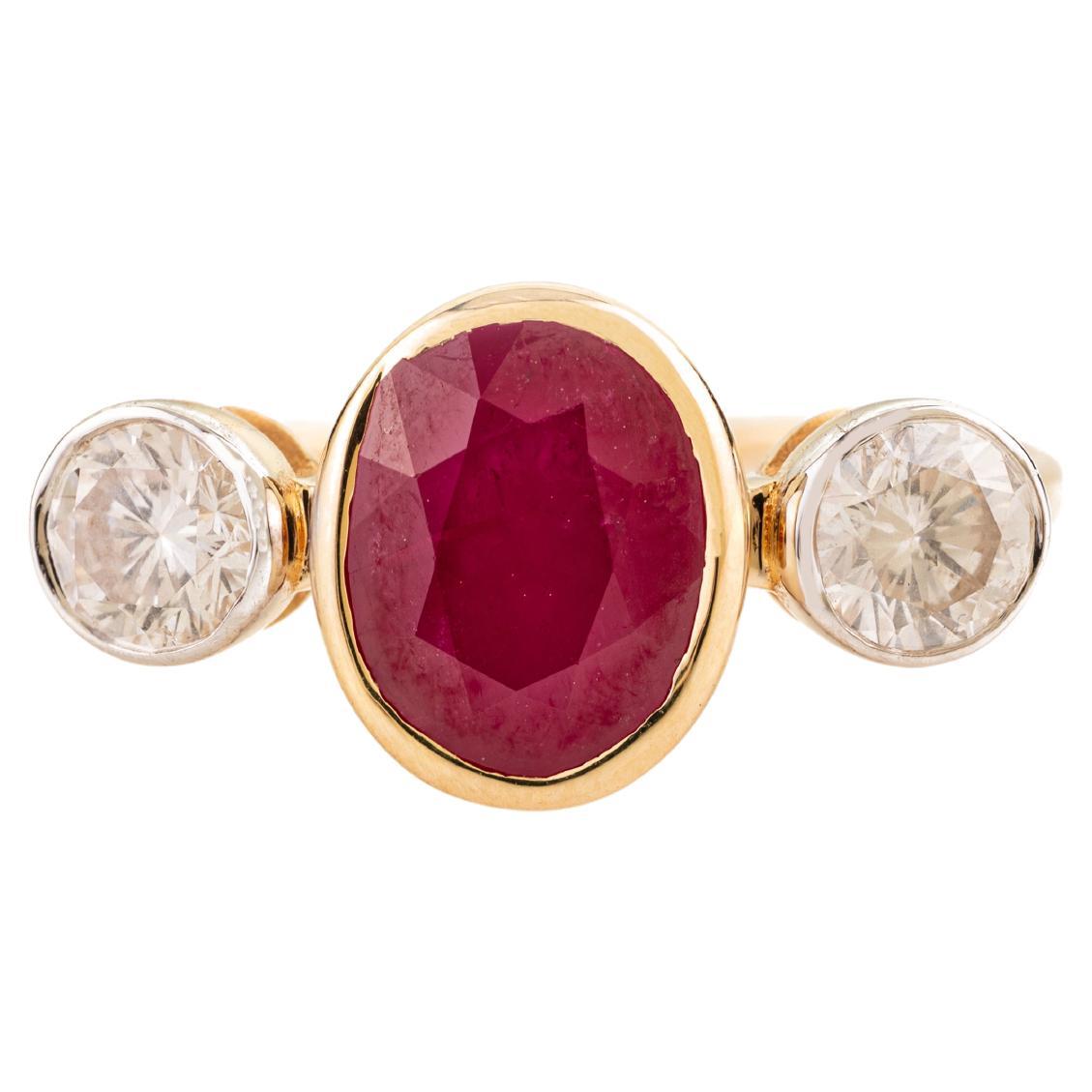 Mozambique Oval Ruby & Diamond Three Stone Ring in 18K Solid Yellow Gold 2.83 Ct