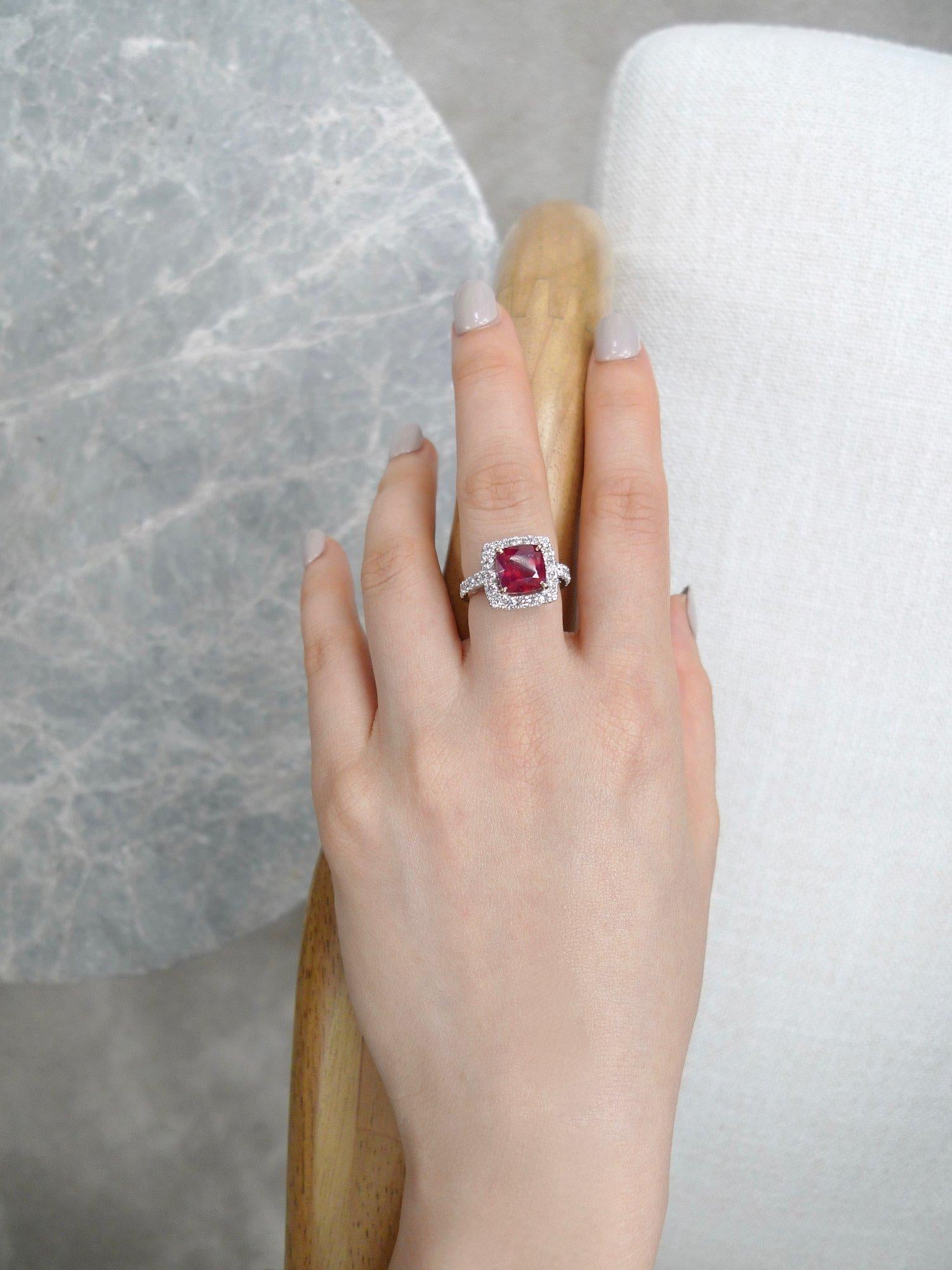 For Sale:  Mozambique Pigeon Blood Cushion Cut Ruby Halo Diamond Engagement Ring 2