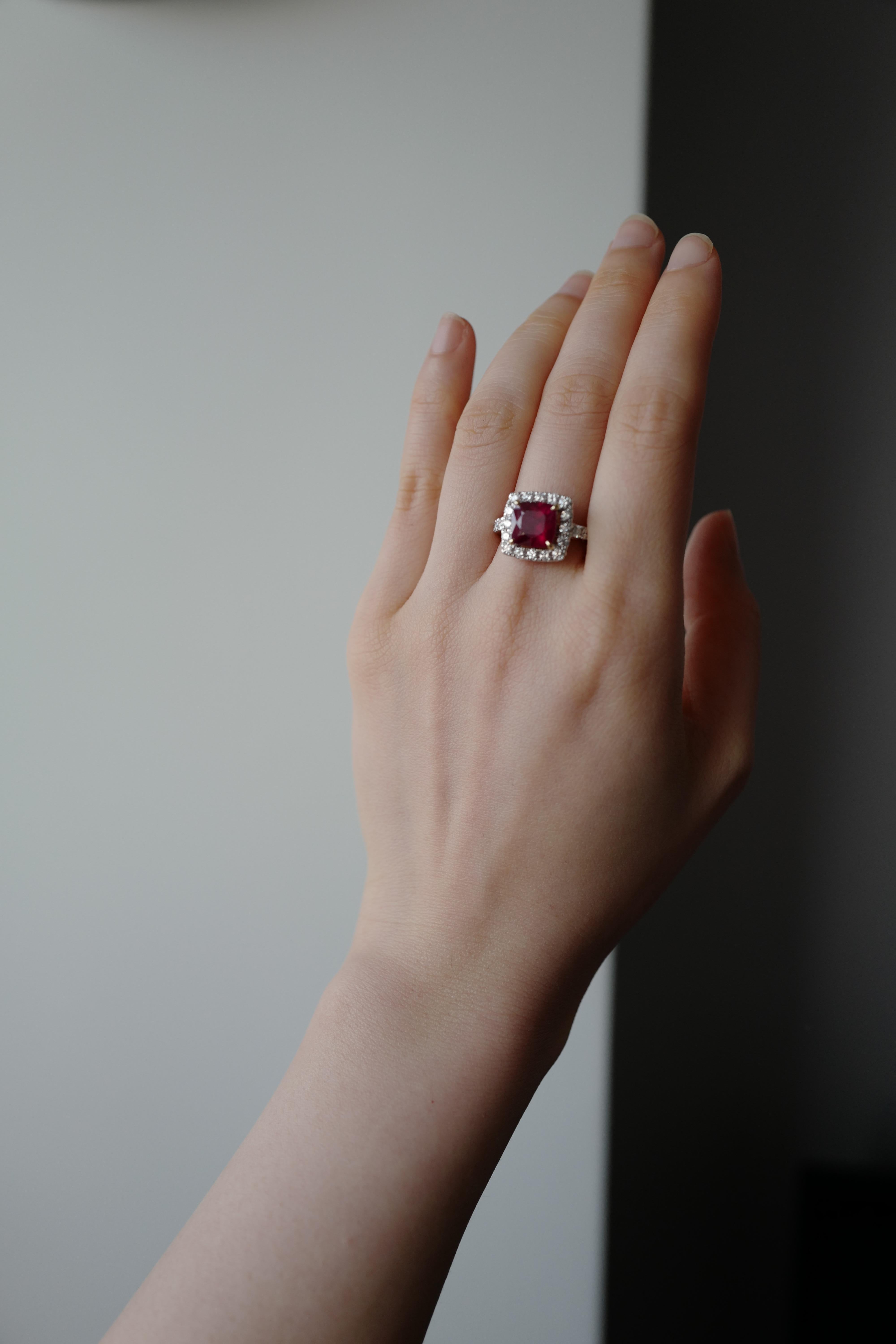 For Sale:  Mozambique Pigeon Blood Cushion Cut Ruby Halo Diamond Engagement Ring 3