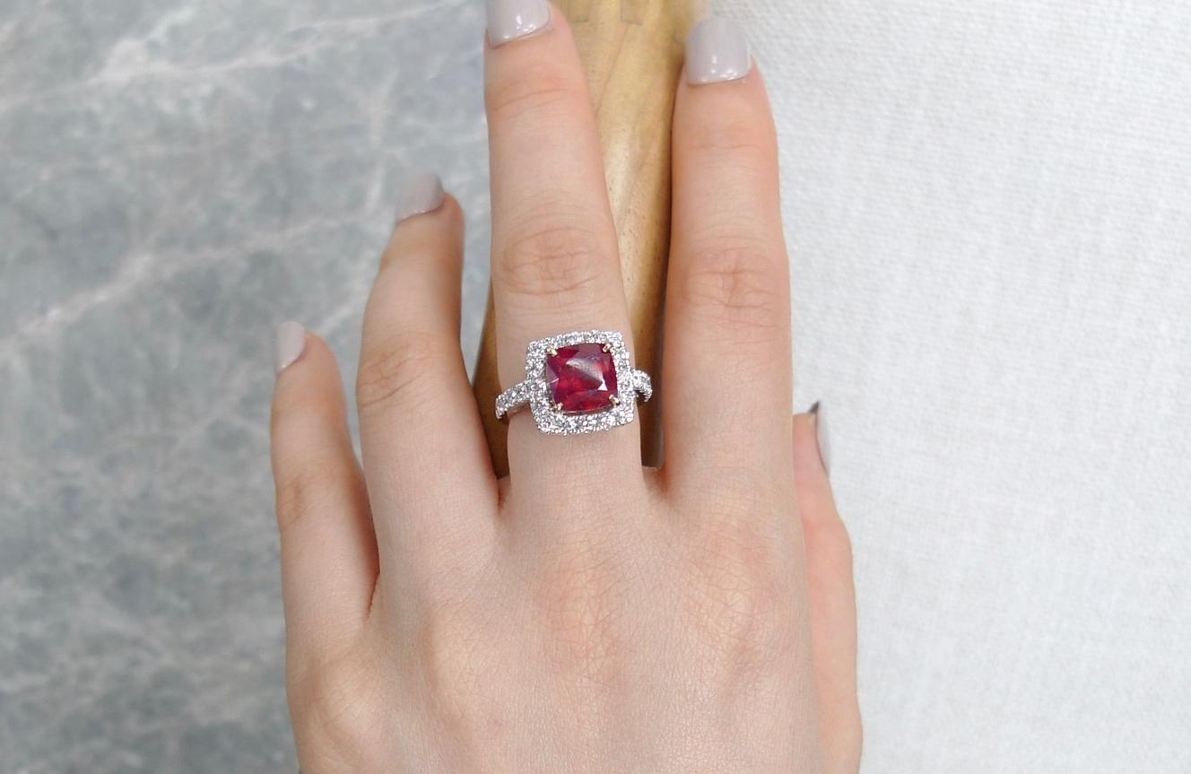 For Sale:  Mozambique Pigeon Blood Cushion Cut Ruby Halo Diamond Engagement Ring 4
