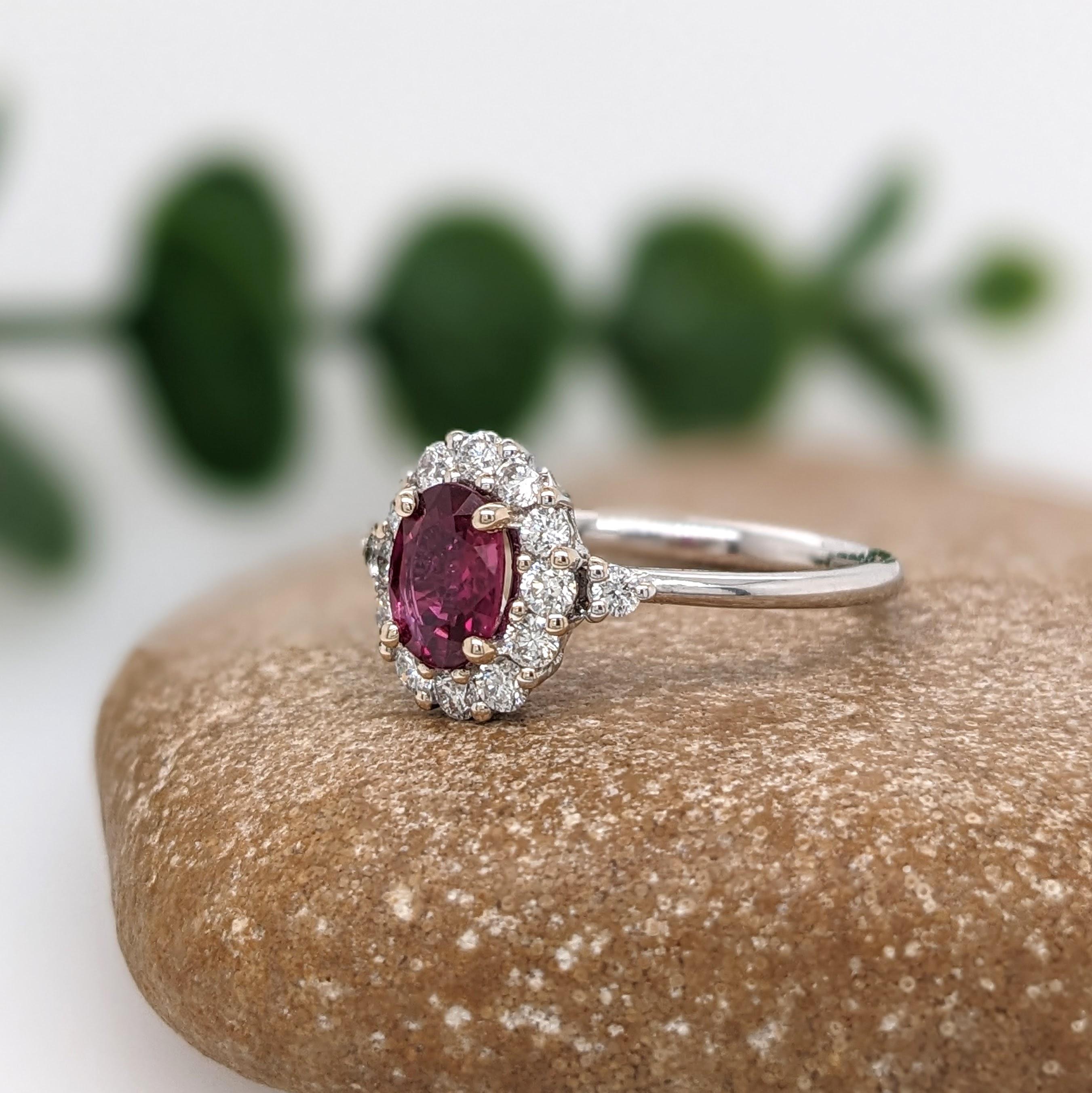 Modern Mozambique Red Ruby Ring w Earth Mined Diamonds in Solid 14K White Gold Oval 6x4 For Sale