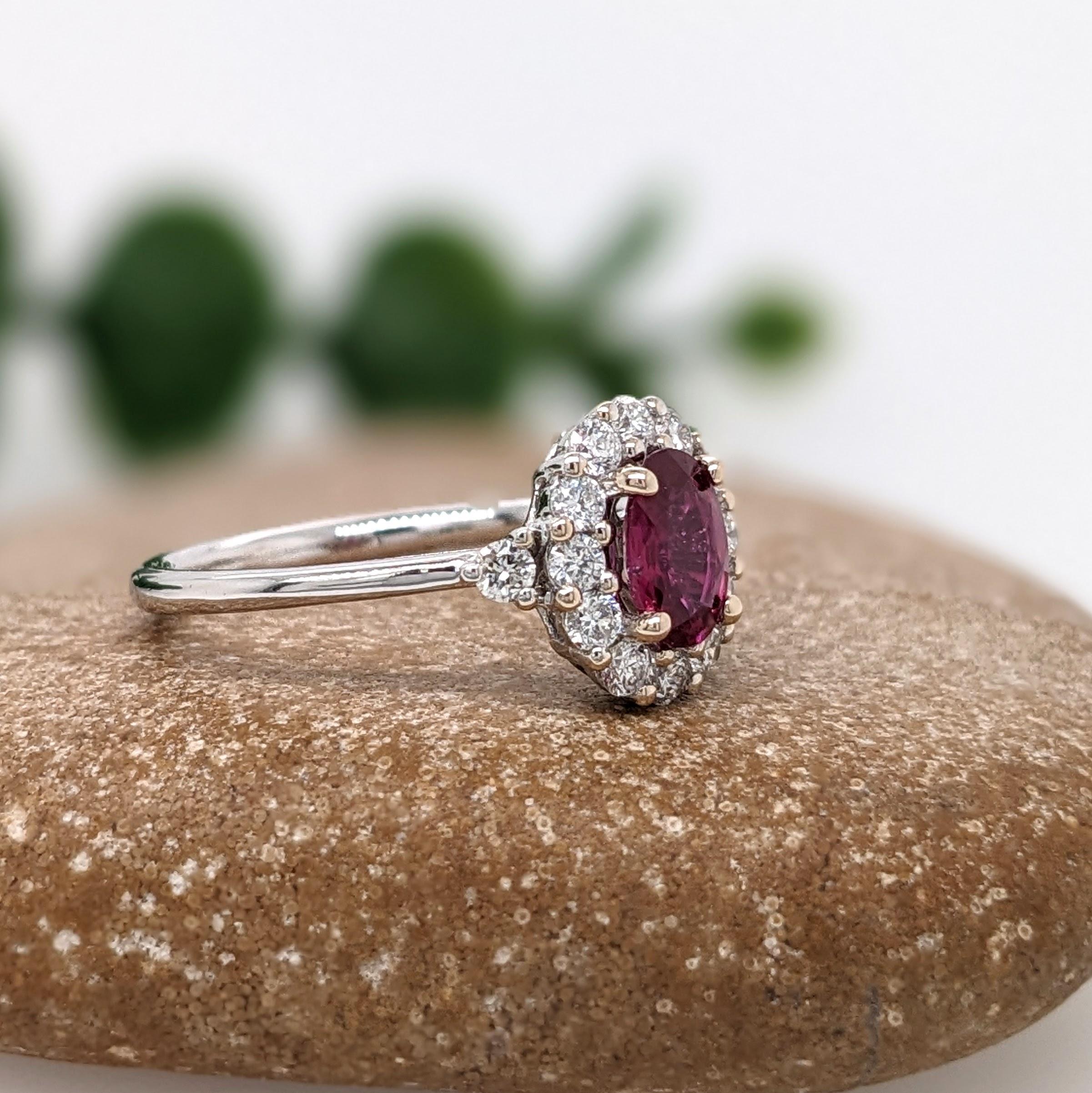 Oval Cut Mozambique Red Ruby Ring w Earth Mined Diamonds in Solid 14K White Gold Oval 6x4 For Sale