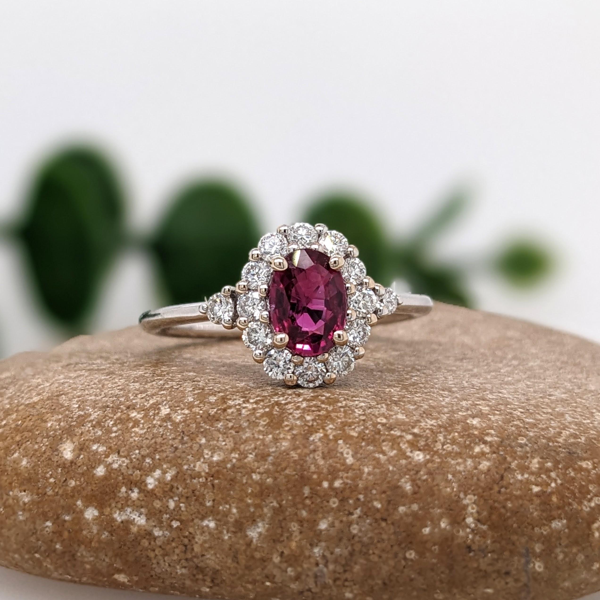 Mozambique Red Ruby Ring w Earth Mined Diamonds in Solid 14K White Gold Oval 6x4 In New Condition In Columbus, OH