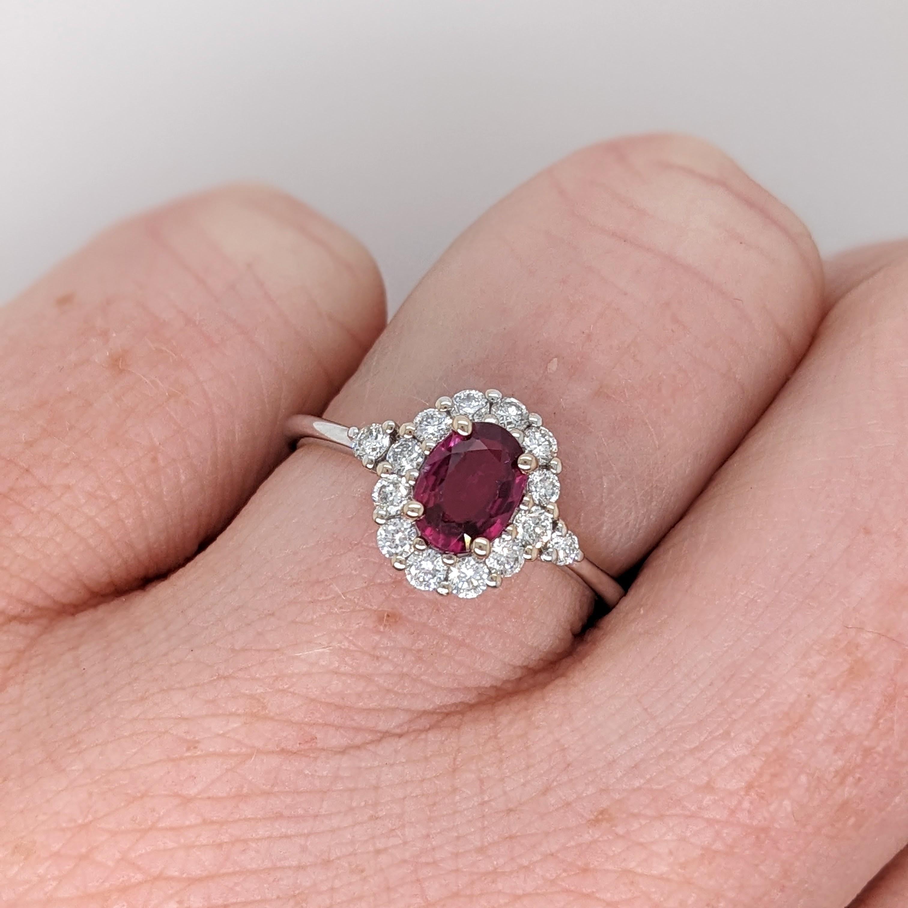 Women's Mozambique Red Ruby Ring w Earth Mined Diamonds in Solid 14K White Gold Oval 6x4 For Sale
