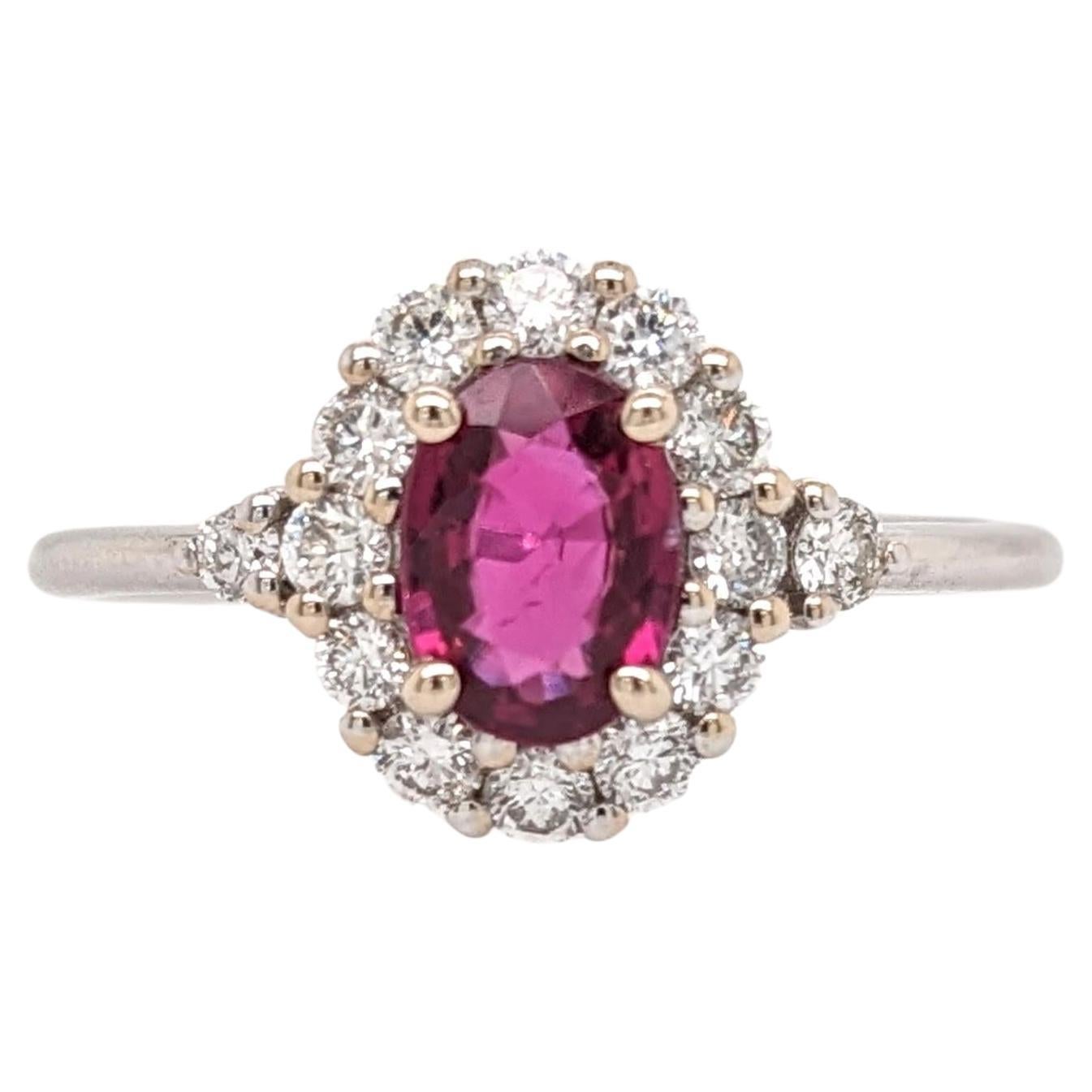 Mozambique Red Ruby Ring w Earth Mined Diamonds in Solid 14K White Gold Oval 6x4 For Sale