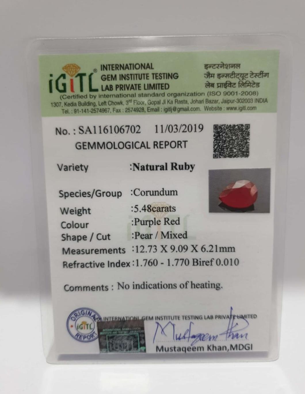 Mozambique Ruby 5.48cts Purplish Red Rare Size IGI Certified Natural Ruby Cut For Sale 9