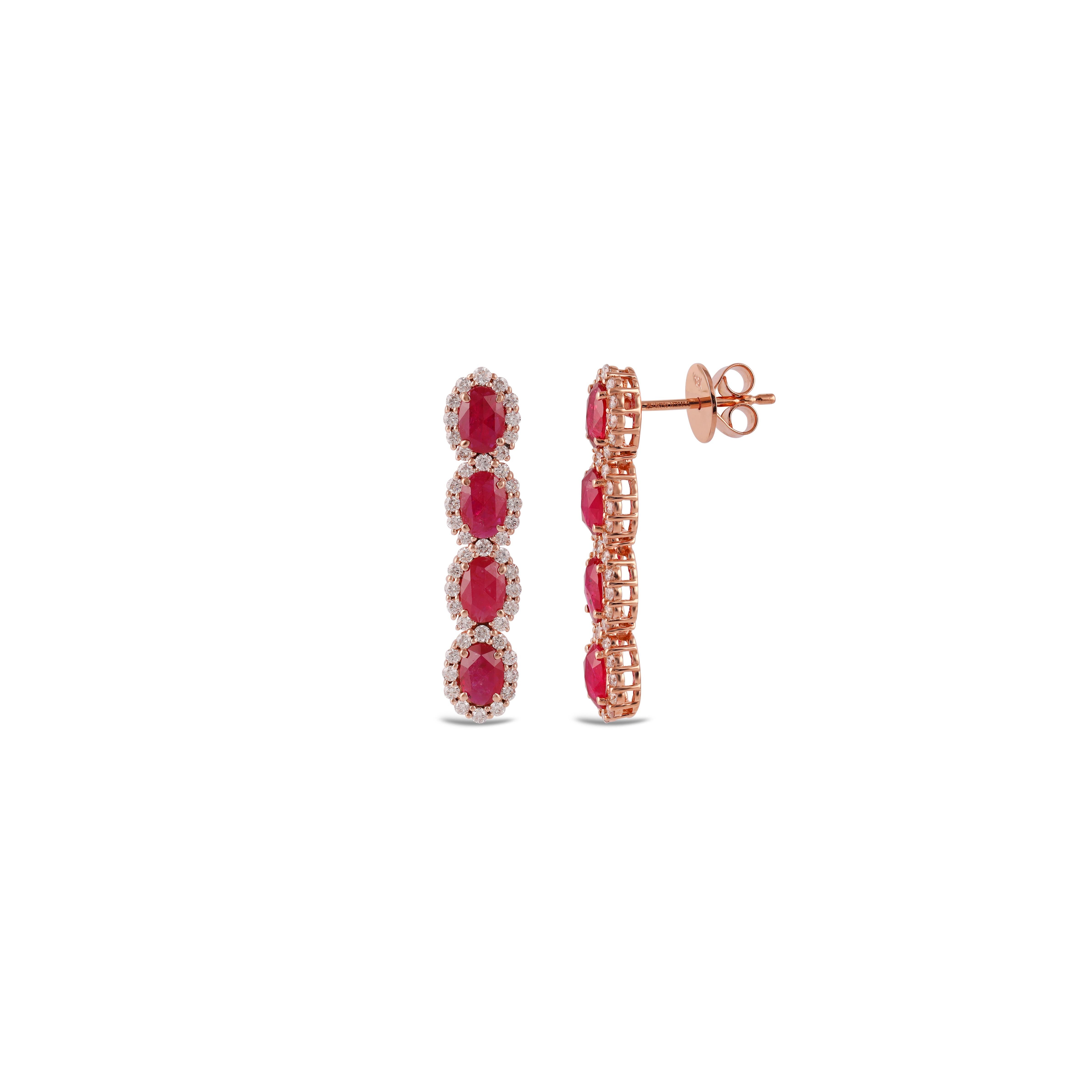 Contemporary Mozambique Ruby and Diamond Earrings Studded in 18 Karat Rose Gold For Sale