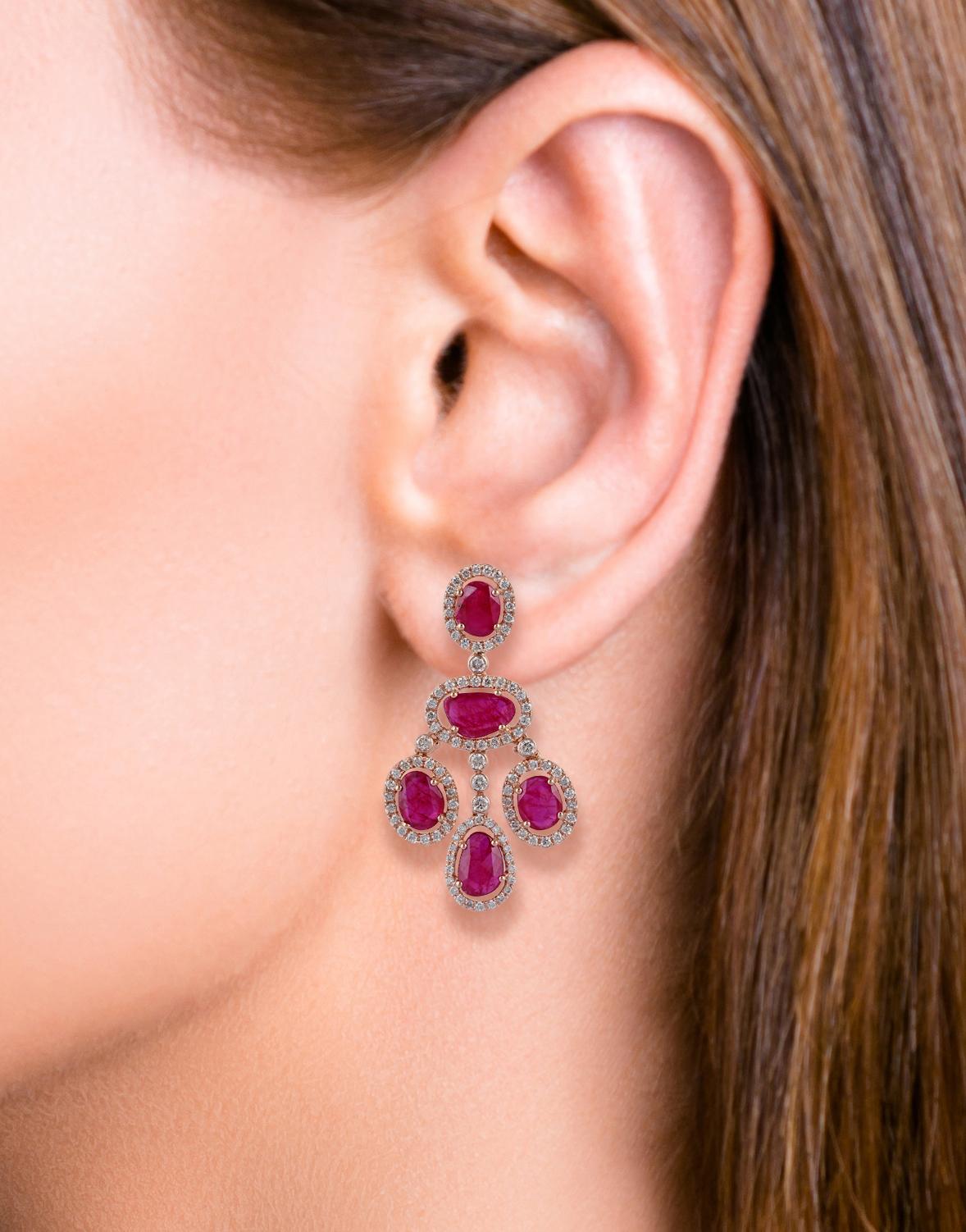 Rose Cut Mozambique Ruby and Diamond Earrings Studded in 18 Karat Rose Gold For Sale