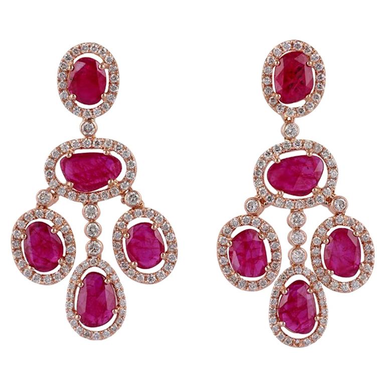 Mozambique Ruby and Diamond Earrings Studded in 18 Karat Rose Gold For Sale