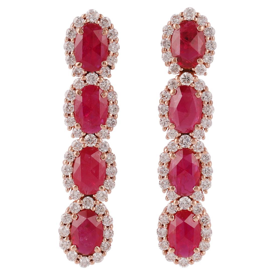 Mozambique Ruby and Diamond Earrings Studded in 18 Karat Rose Gold For Sale