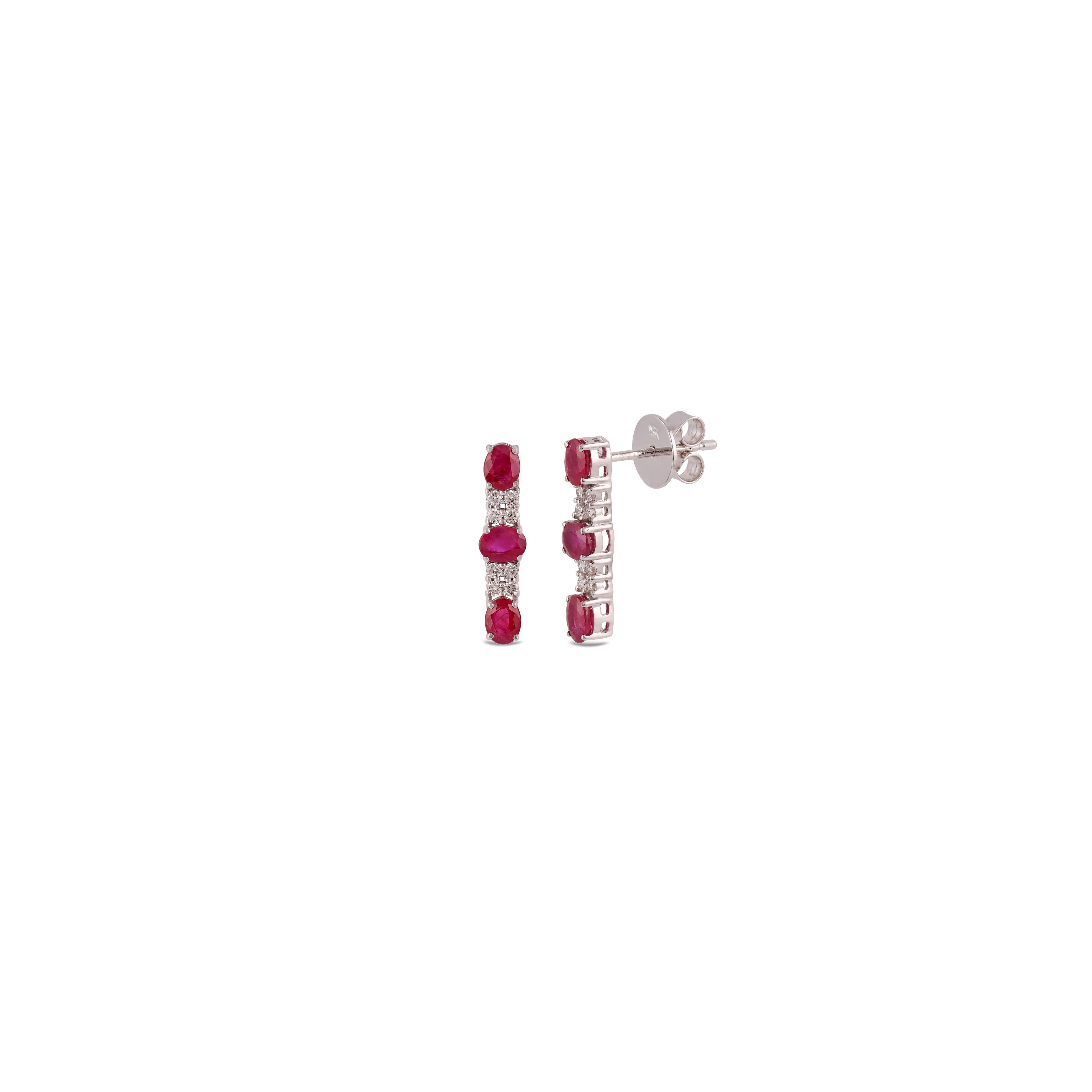 Contemporary Mozambique Ruby and Diamond Earrings Studded in 18 Karat White Gold For Sale