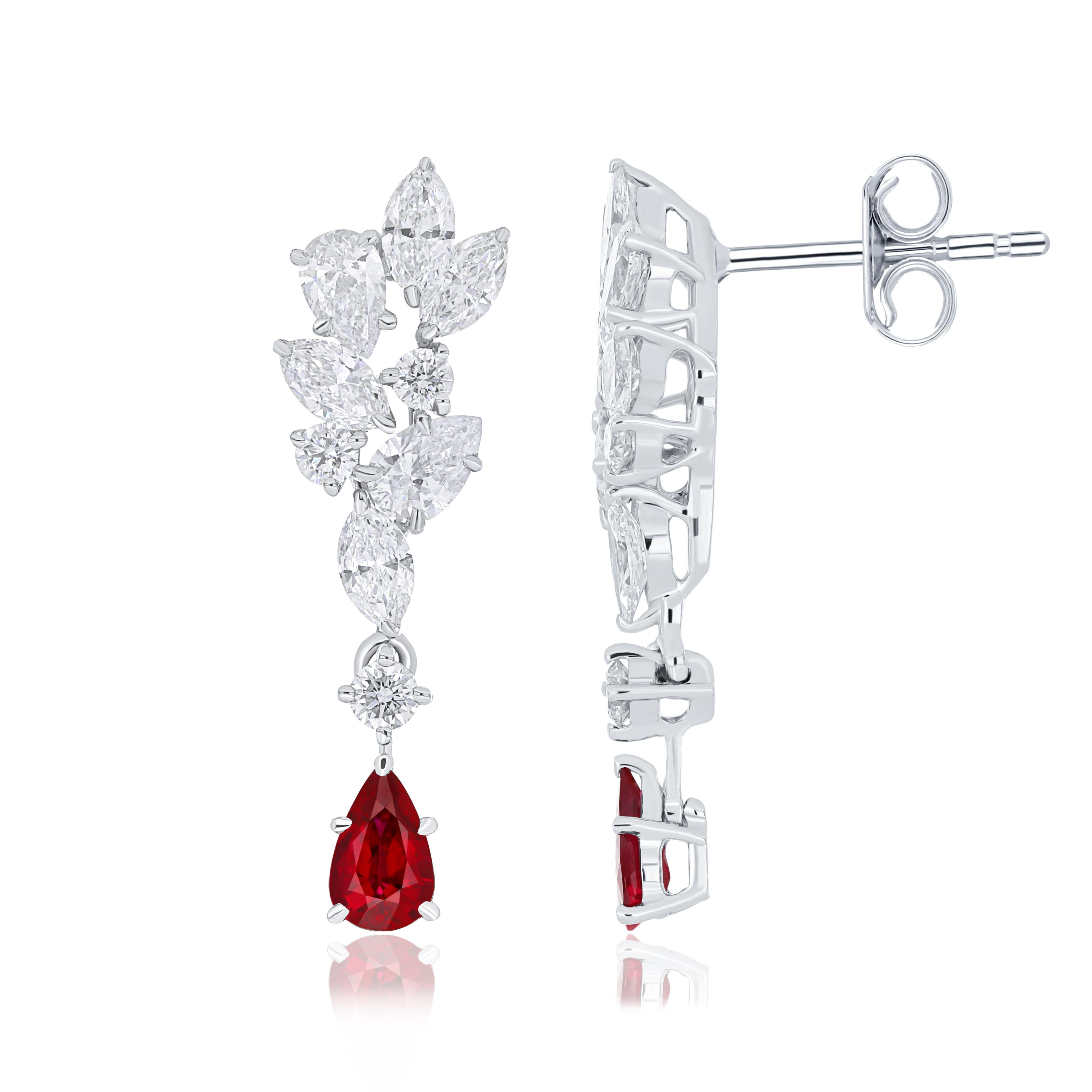 Pear Cut Mozambique Ruby and Diamond Studded Earrings in 18 Karat White Gold For Sale