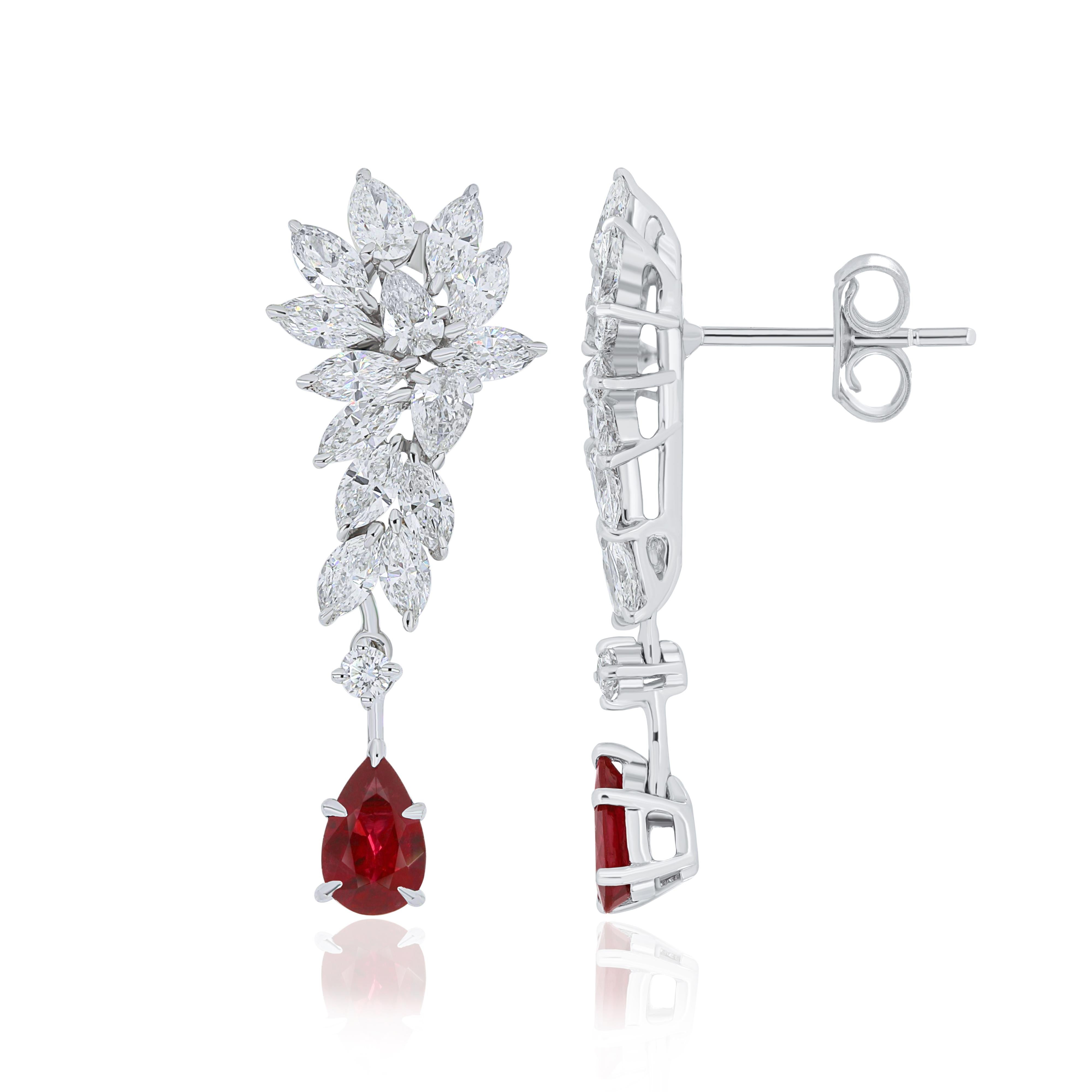 Pear Cut Mozambique Ruby and Diamond Studded handcraft Earrings in 18 Karat White Gold  For Sale