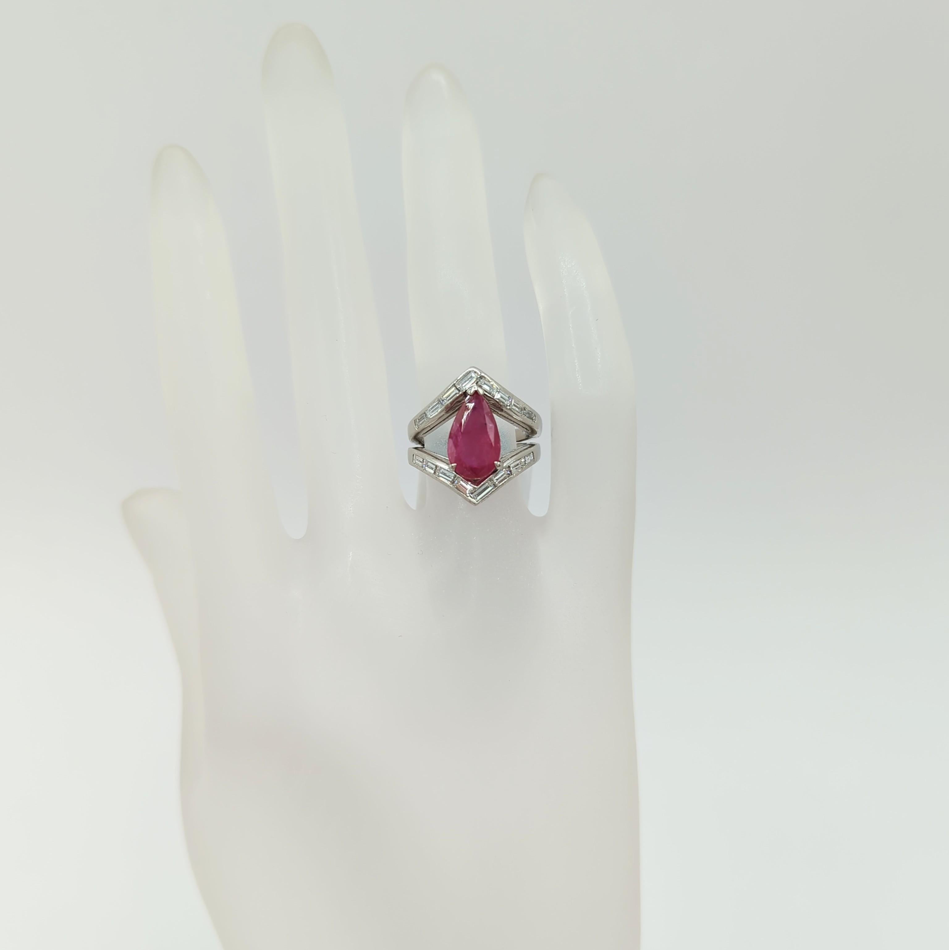 Pear Cut Mozambique Ruby and White Diamond Cocktail Ring in Platinum For Sale