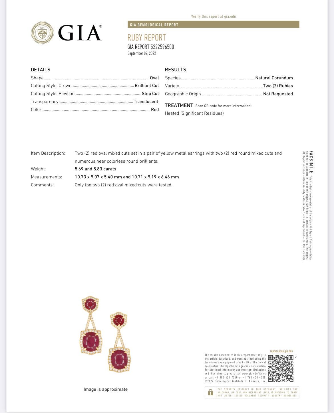  13.22 carat, Mozambique Rubies are encrusted with 1.34 carats of brilliant white diamonds in one-of-a-kind 18K yellow gold earrings. GIA certified. 