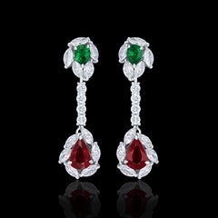 Mozambique Ruby, Emerald and Diamond Studded Earrings in 18 Karat White Gold