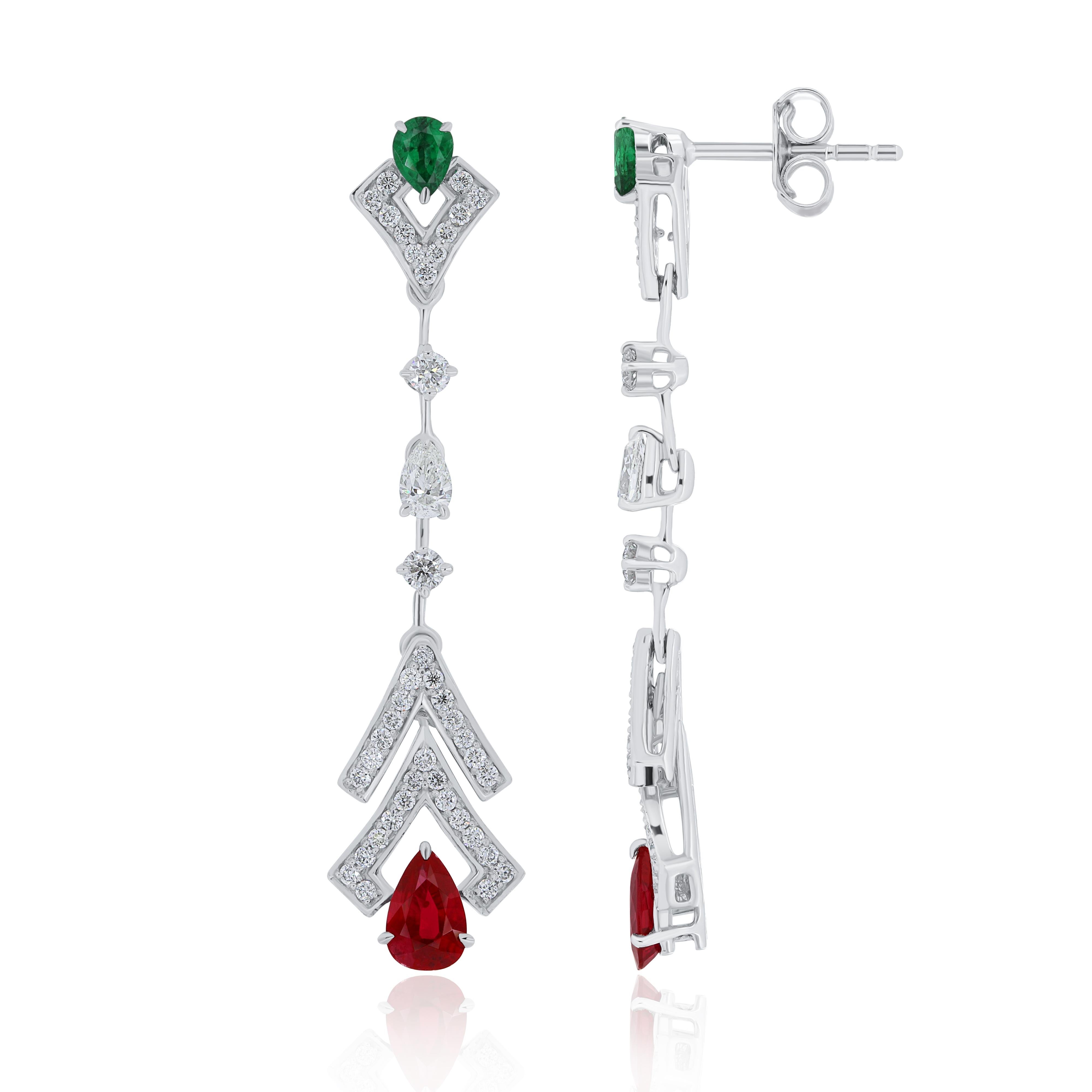 Pear Cut Mozambique Ruby, Emerald And Diamond Studded Earrings in 18 Karat White Gold For Sale