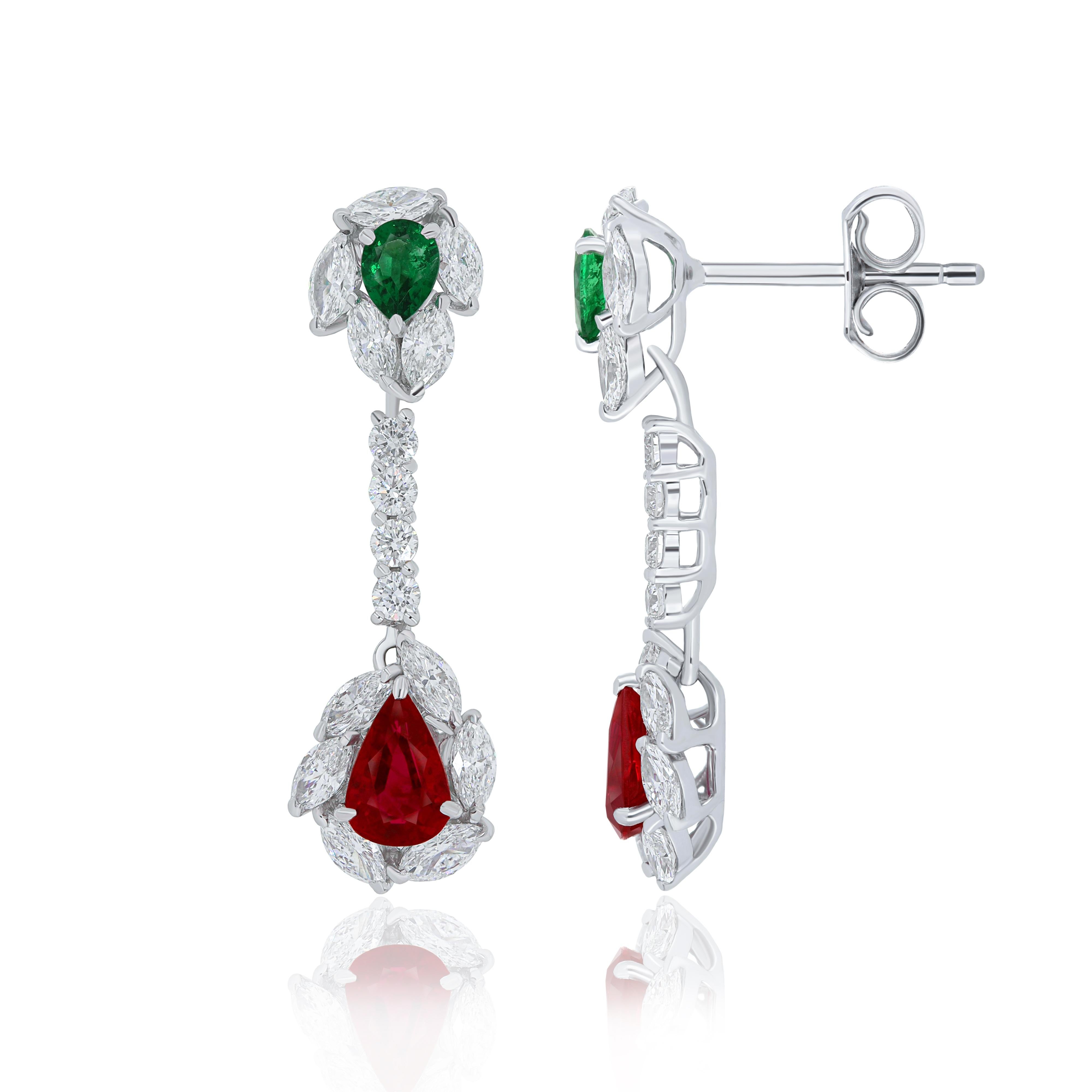 Pear Cut Mozambique Ruby, Emerald and Diamond Studded Earrings in 18 Karat White Gold For Sale