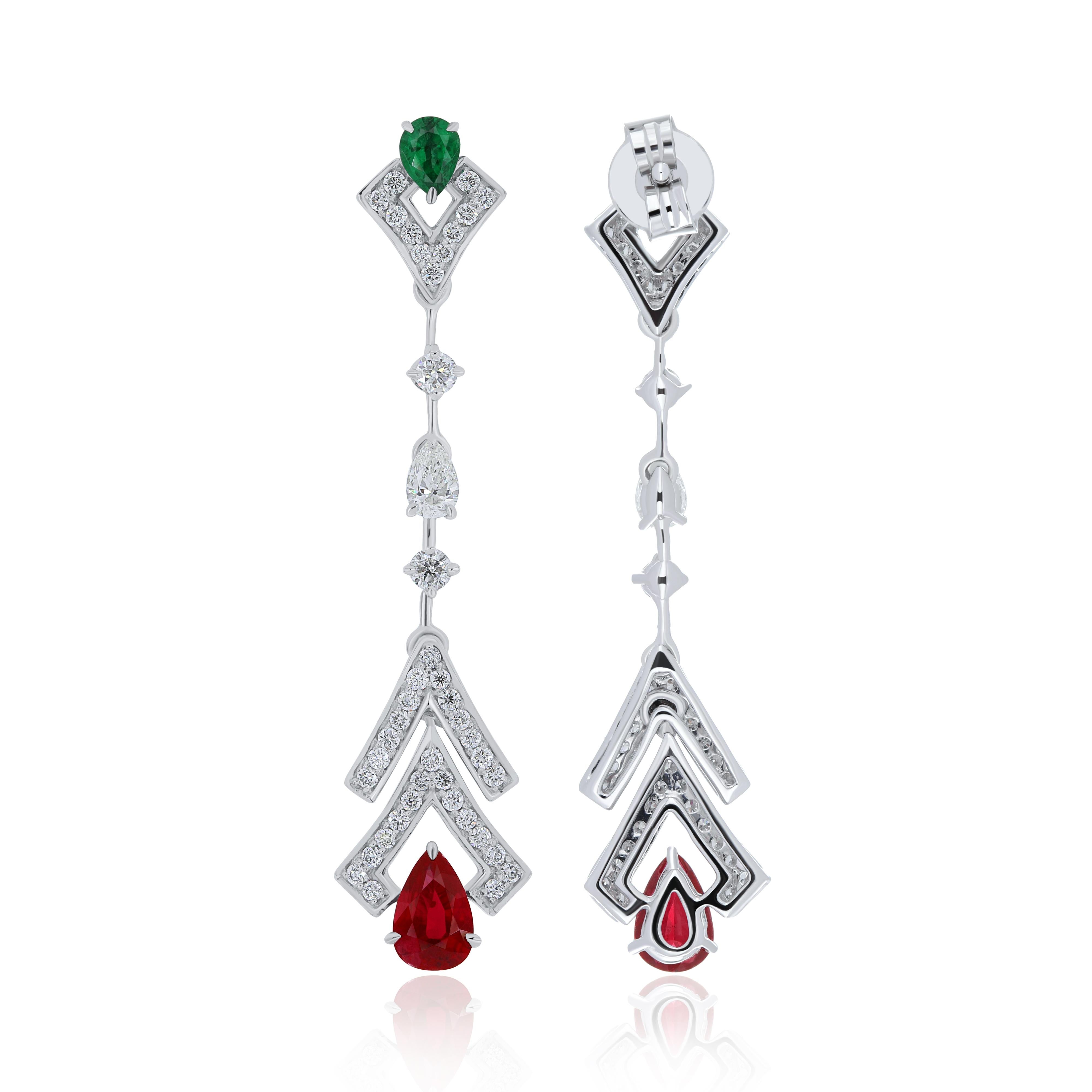 Mozambique Ruby, Emerald And Diamond Studded Earrings in 18 Karat White Gold In New Condition For Sale In JAIPUR, IN