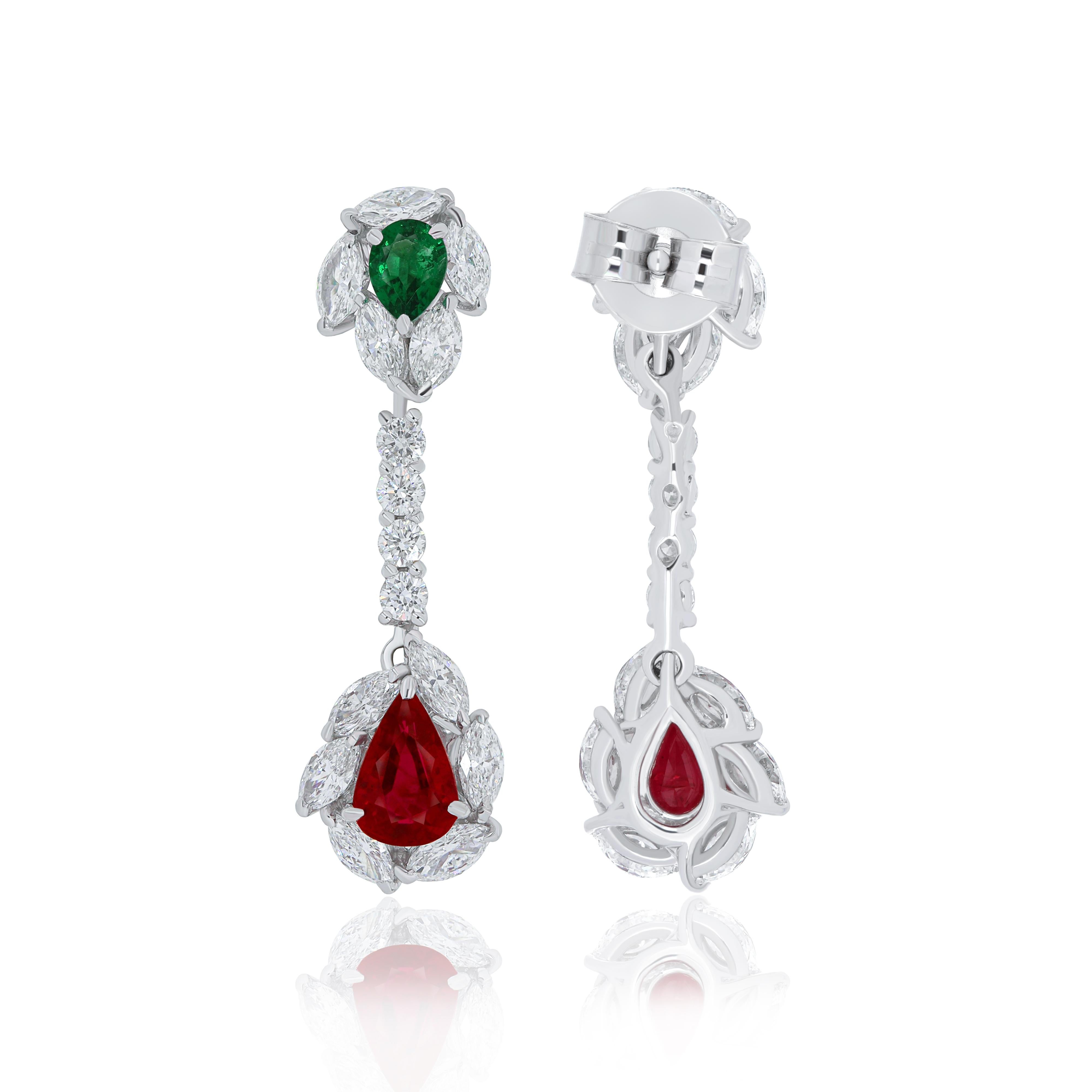 Mozambique Ruby, Emerald and Diamond Studded Earrings in 18 Karat White Gold In New Condition For Sale In JAIPUR, IN