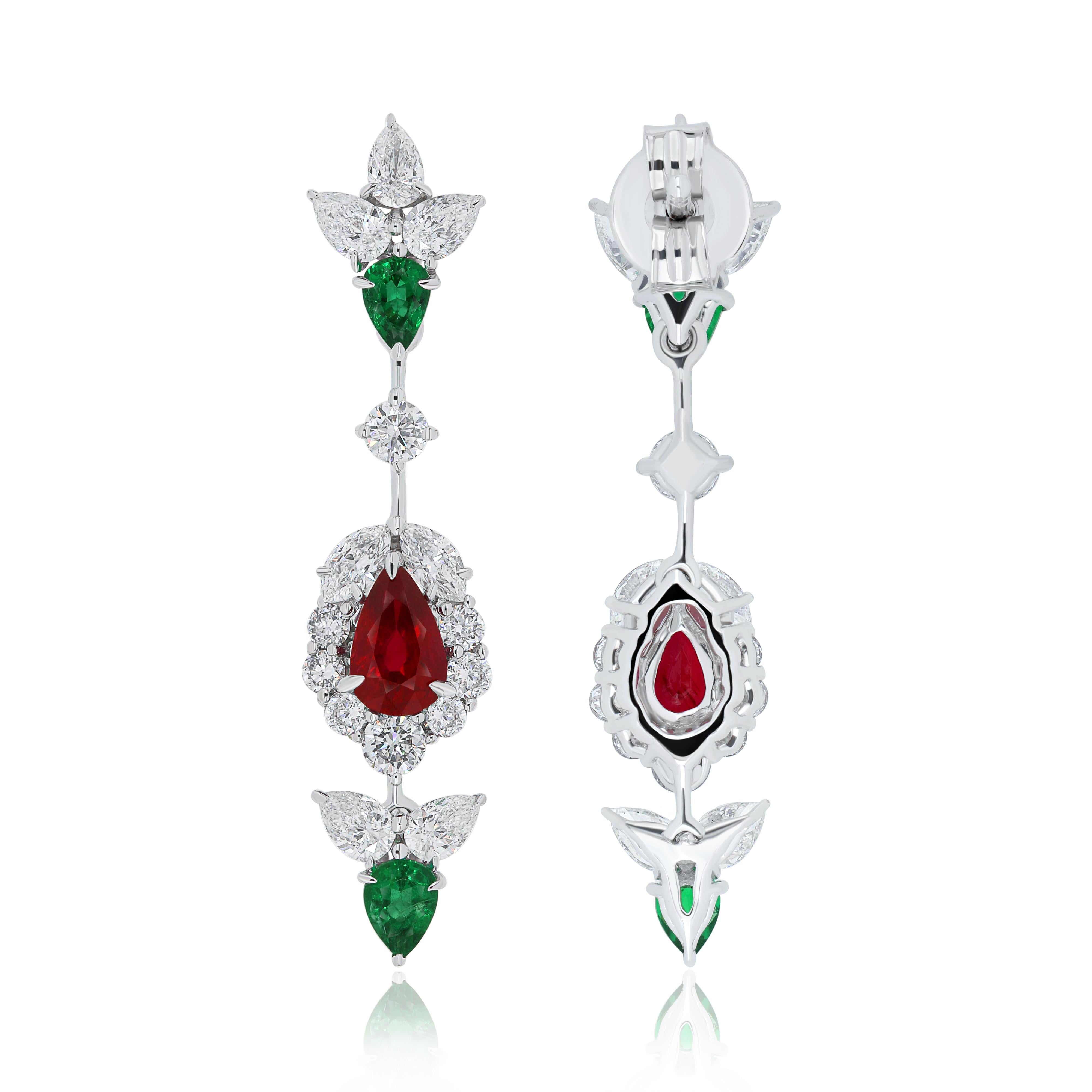 Mozambique Ruby, Emerald and Diamond Studded Earrings in 18 Karat White Gold In New Condition For Sale In JAIPUR, IN