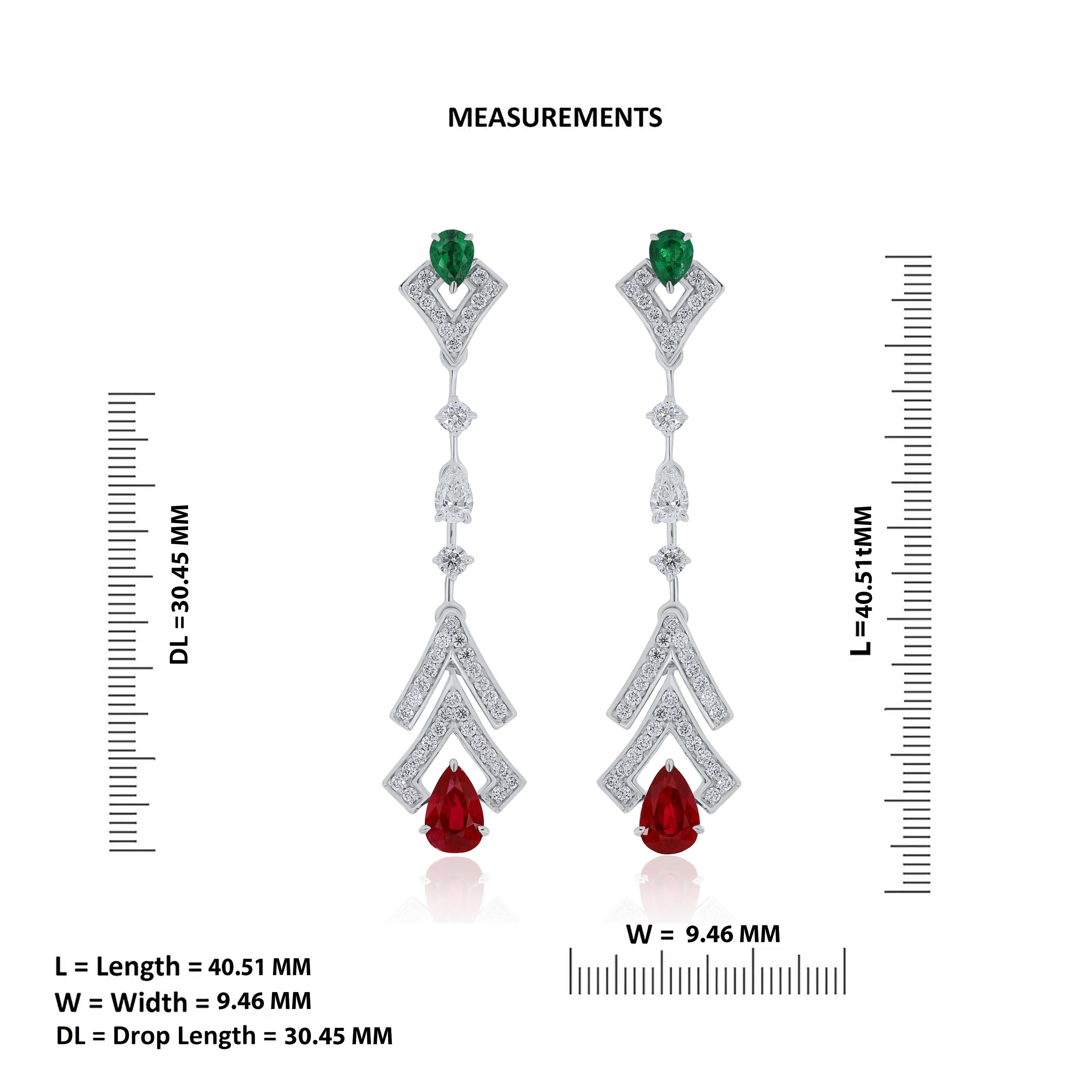 Women's Mozambique Ruby, Emerald And Diamond Studded Earrings in 18 Karat White Gold For Sale