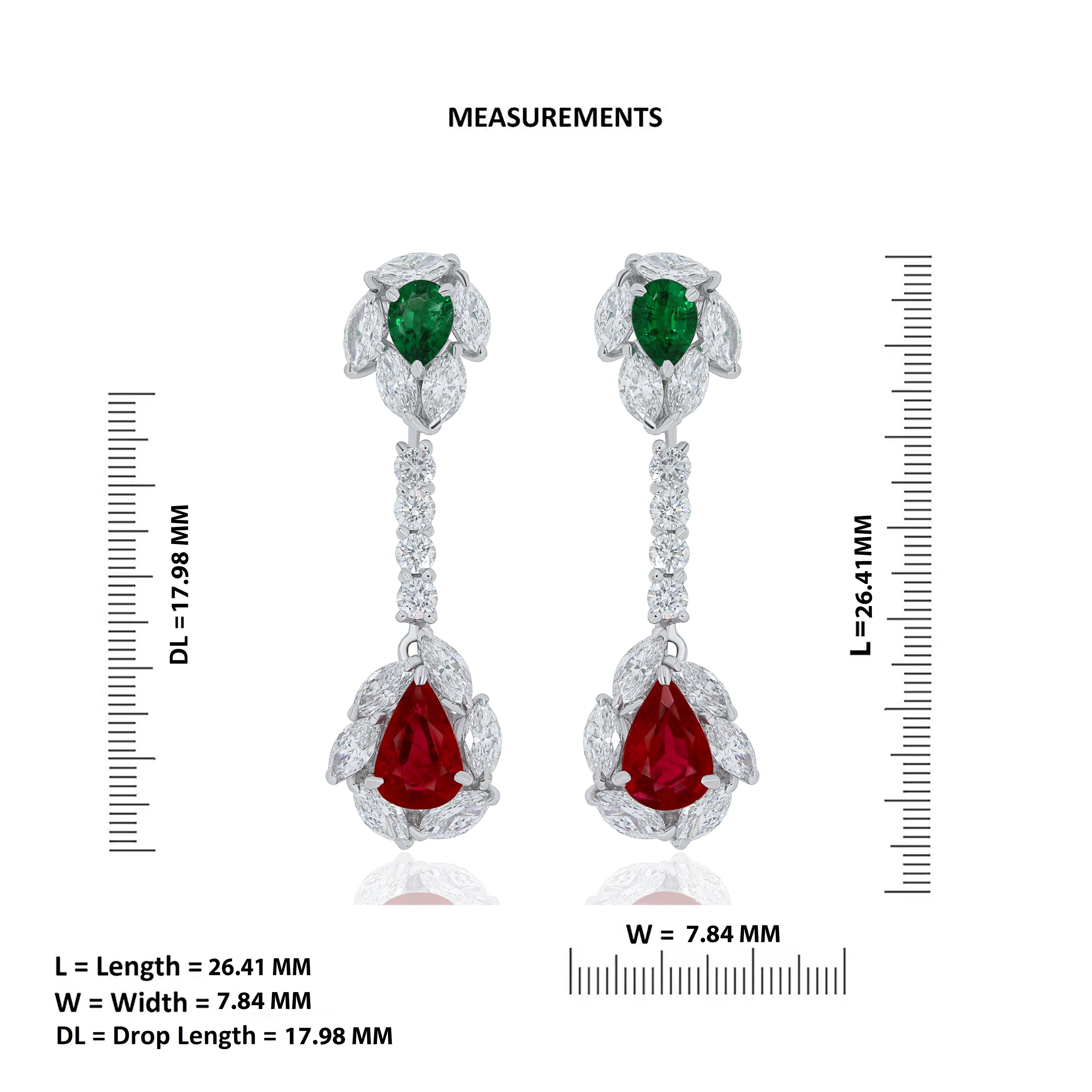 Women's Mozambique Ruby, Emerald and Diamond Studded Earrings in 18 Karat White Gold For Sale