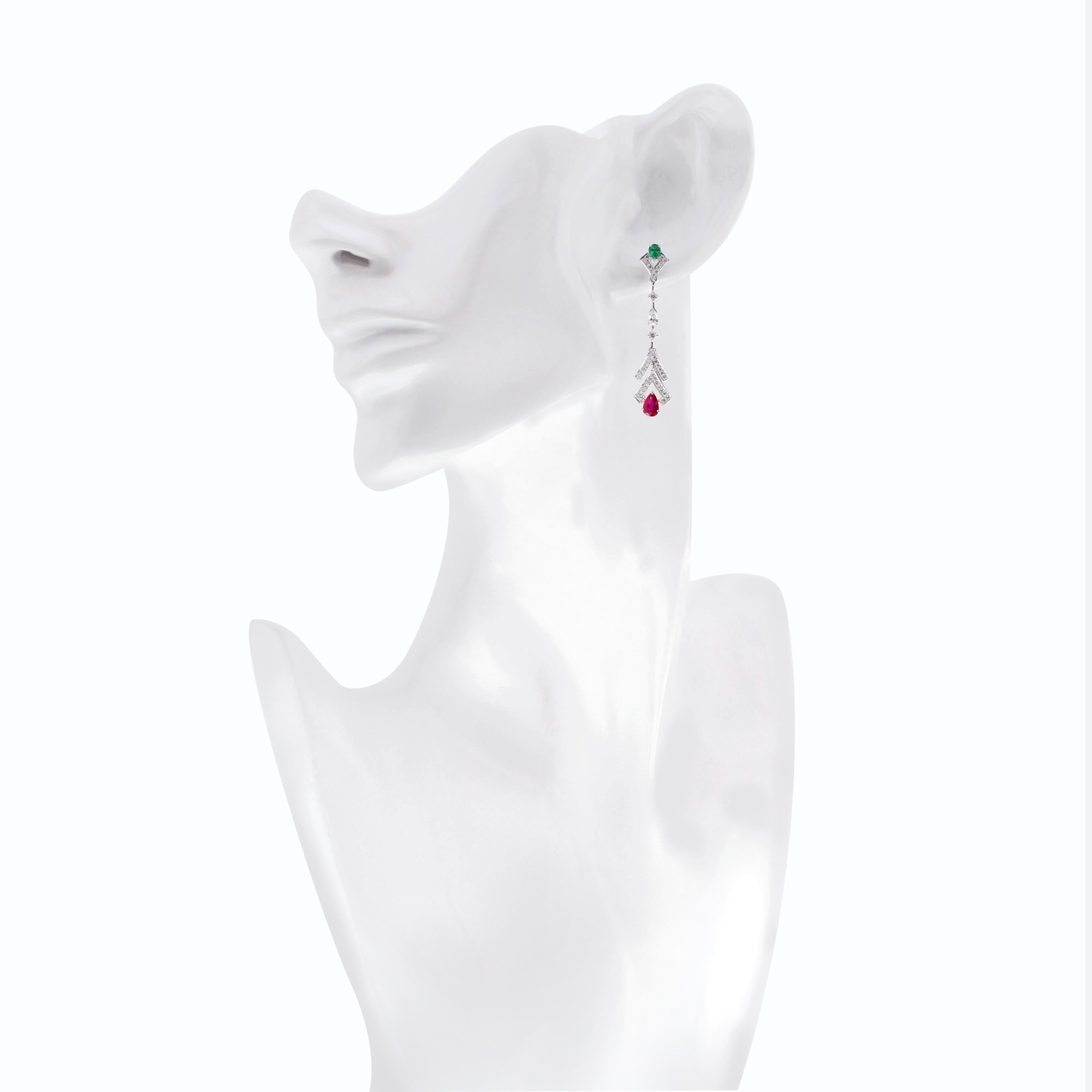 Mozambique Ruby, Emerald And Diamond Studded Earrings in 18 Karat White Gold For Sale 1
