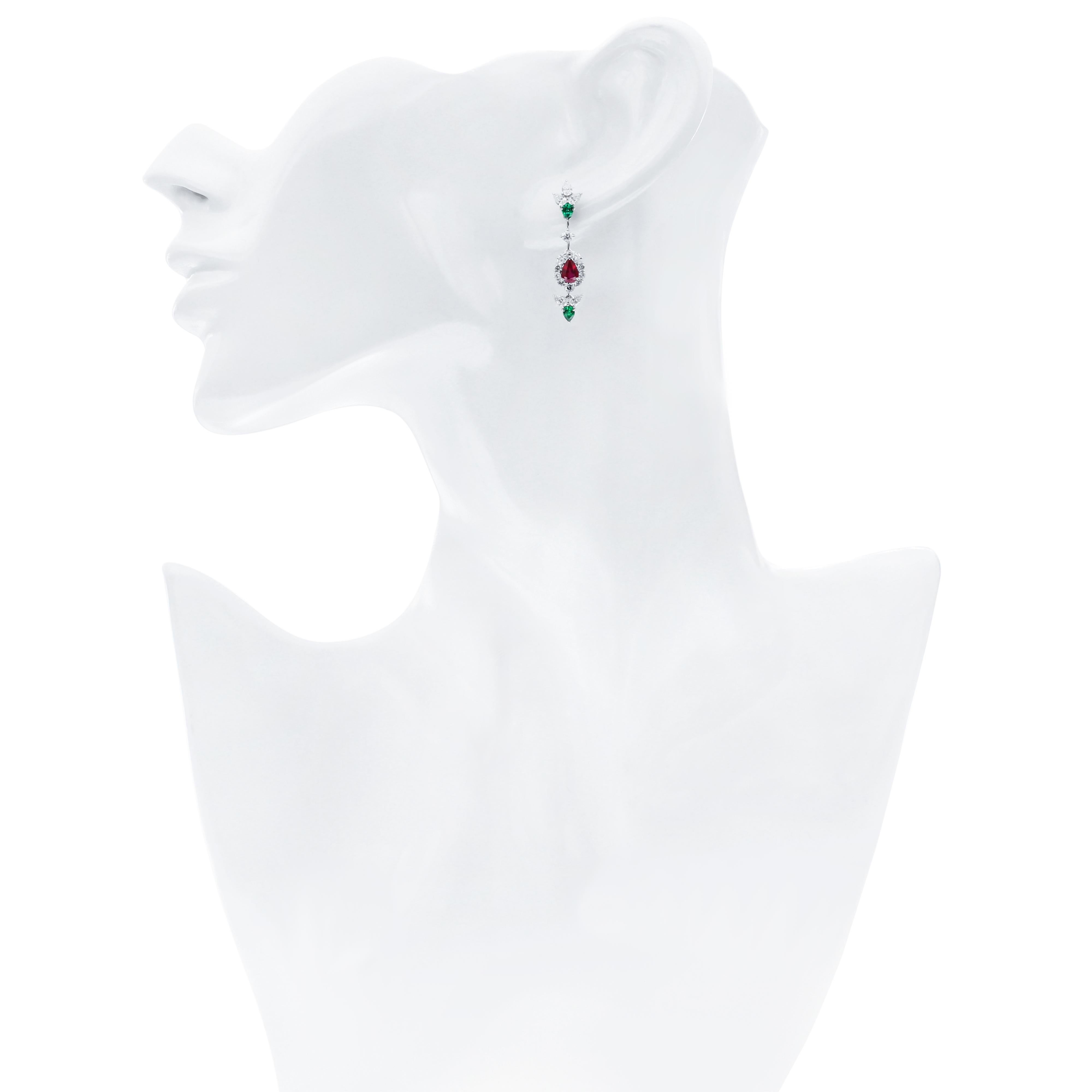 Mozambique Ruby, Emerald and Diamond Studded Earrings in 18 Karat White Gold For Sale 1