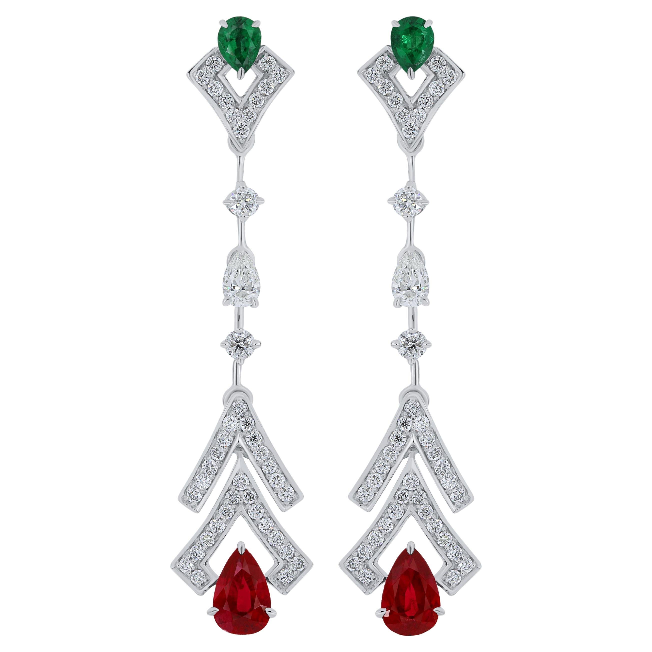 Mozambique Ruby, Emerald And Diamond Studded Earrings in 18 Karat White Gold