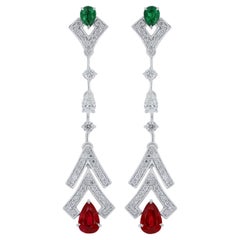 Mozambique Ruby, Emerald And Diamond Studded Earrings in 18 Karat White Gold