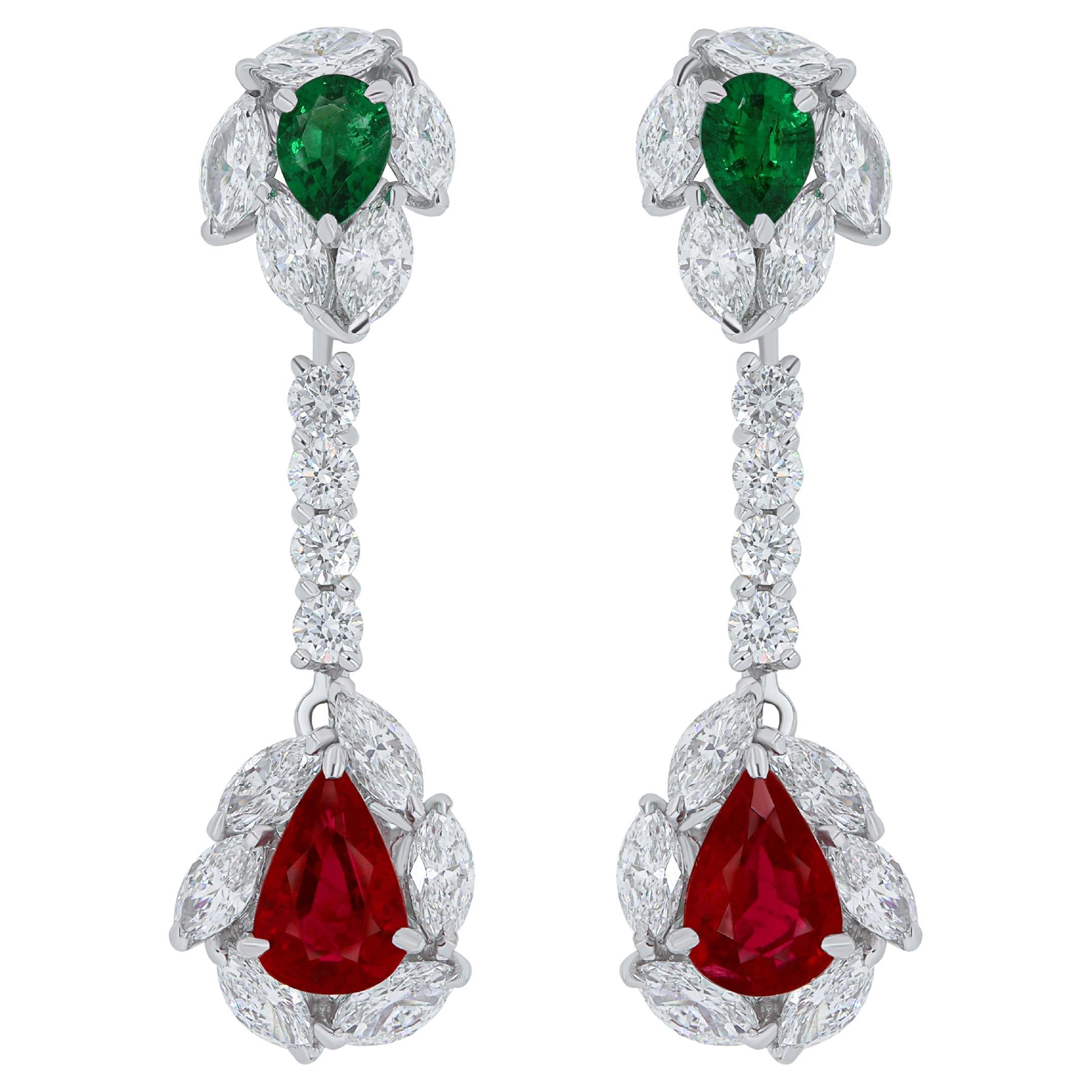 Mozambique Ruby, Emerald and Diamond Studded Earrings in 18 Karat White Gold For Sale