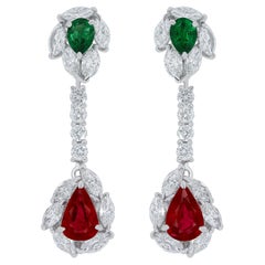Mozambique Ruby, Emerald and Diamond Studded Earrings in 18 Karat White Gold