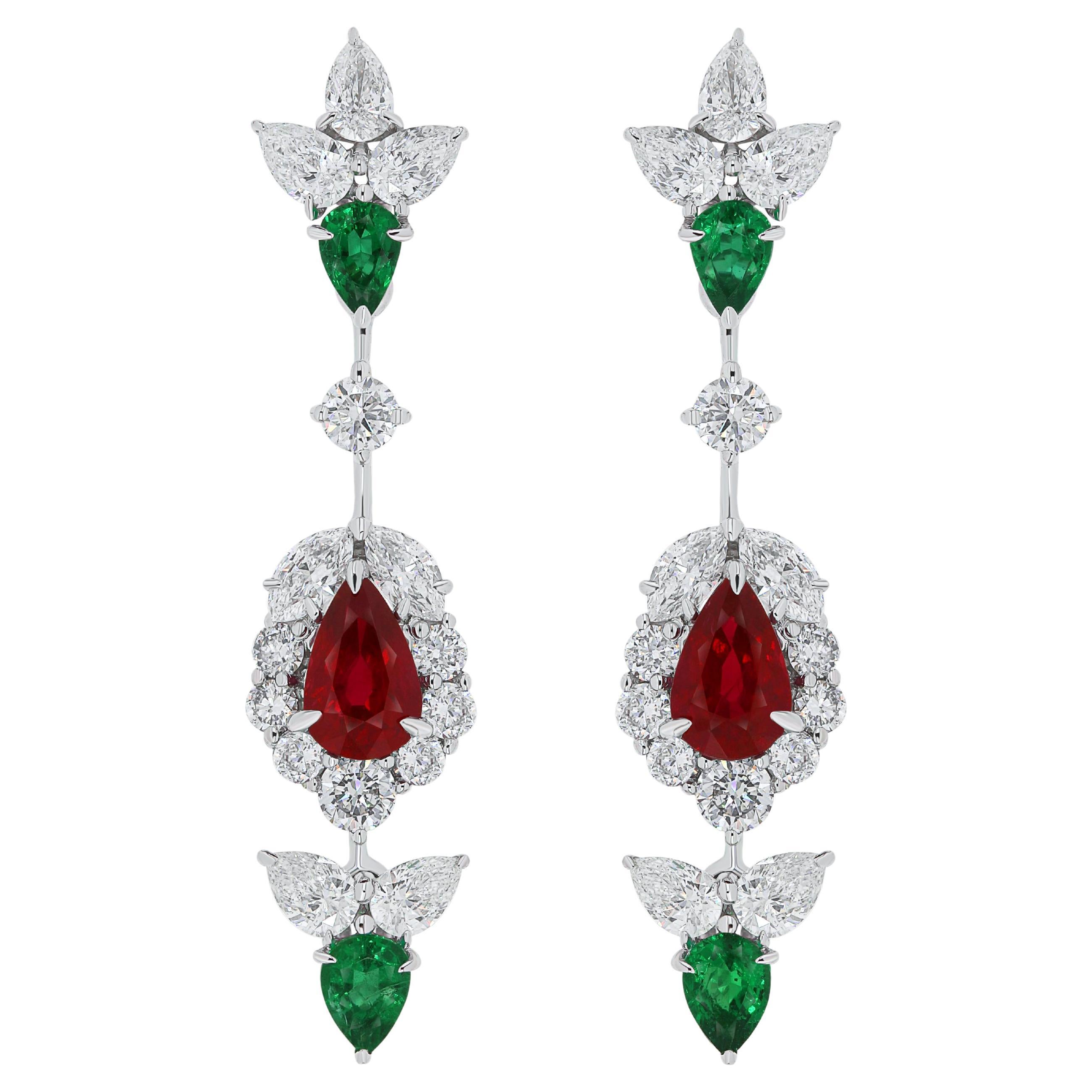 Mozambique Ruby, Emerald and Diamond Studded Earrings in 18 Karat White Gold For Sale