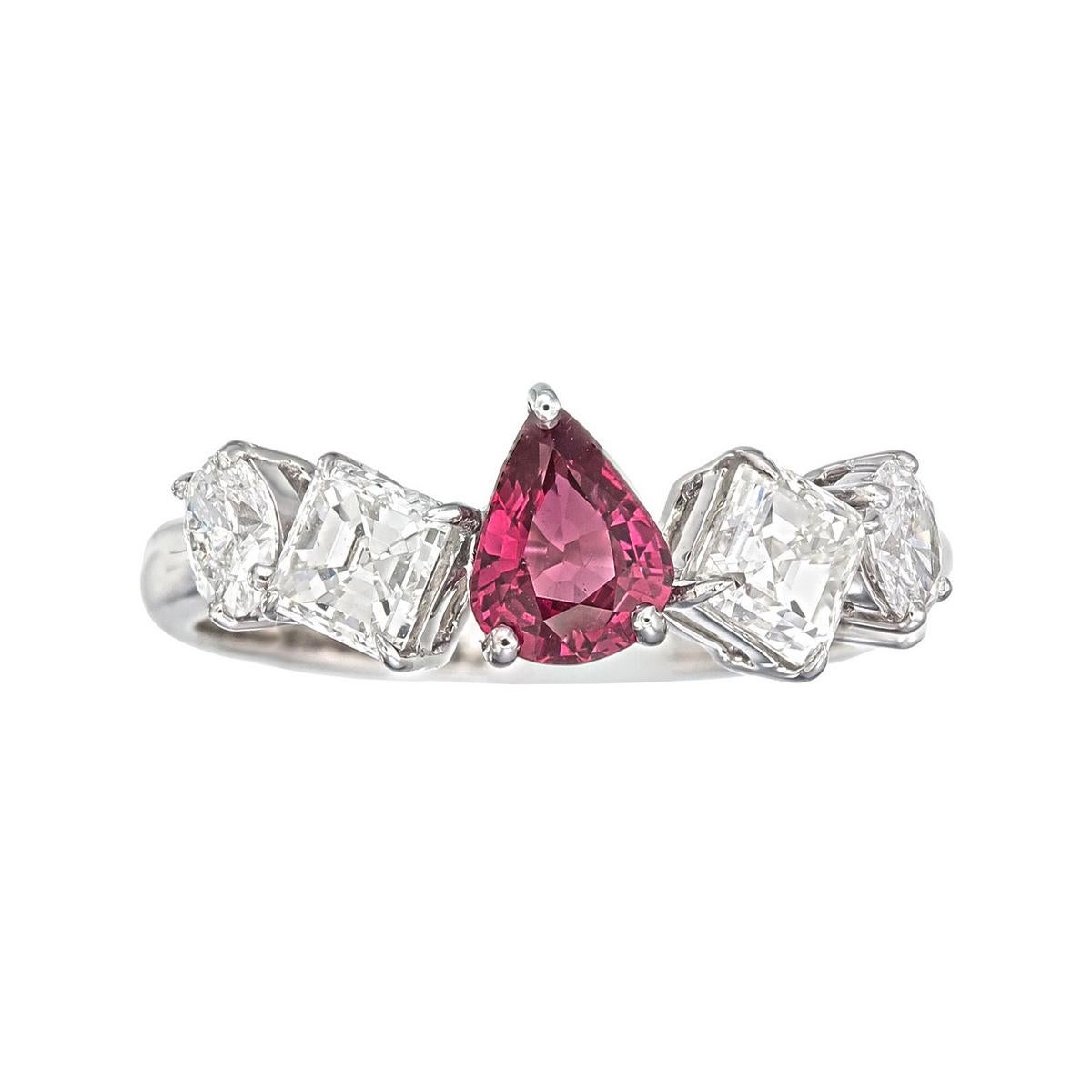 18kt white gold Ruby ring with diamonds
  
  Gold colour & karat: White gold 18kt
  Weight: 2.935 grams
  
  Set with-
  Stone type: Ruby
  Shape: Pear
  Carat: 0.62 
  Colour: - 
  Clarity: -
  
  Surrounding Stones: Diamonds
 1) Side Ascher