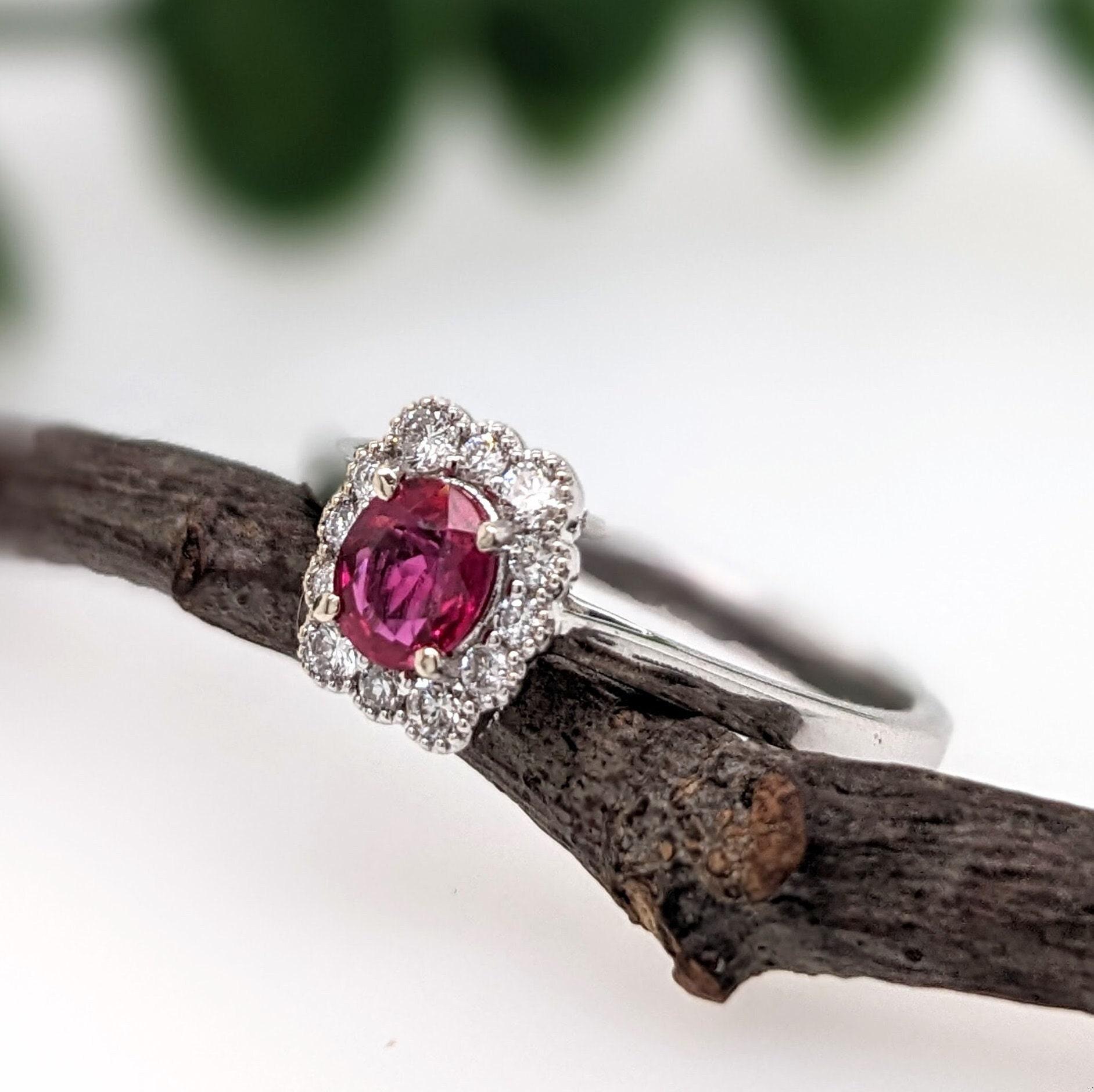 Modern Mozambique Ruby Ring w Earth Mined Diamonds in Solid 14k White Gold Oval 5x4mm For Sale