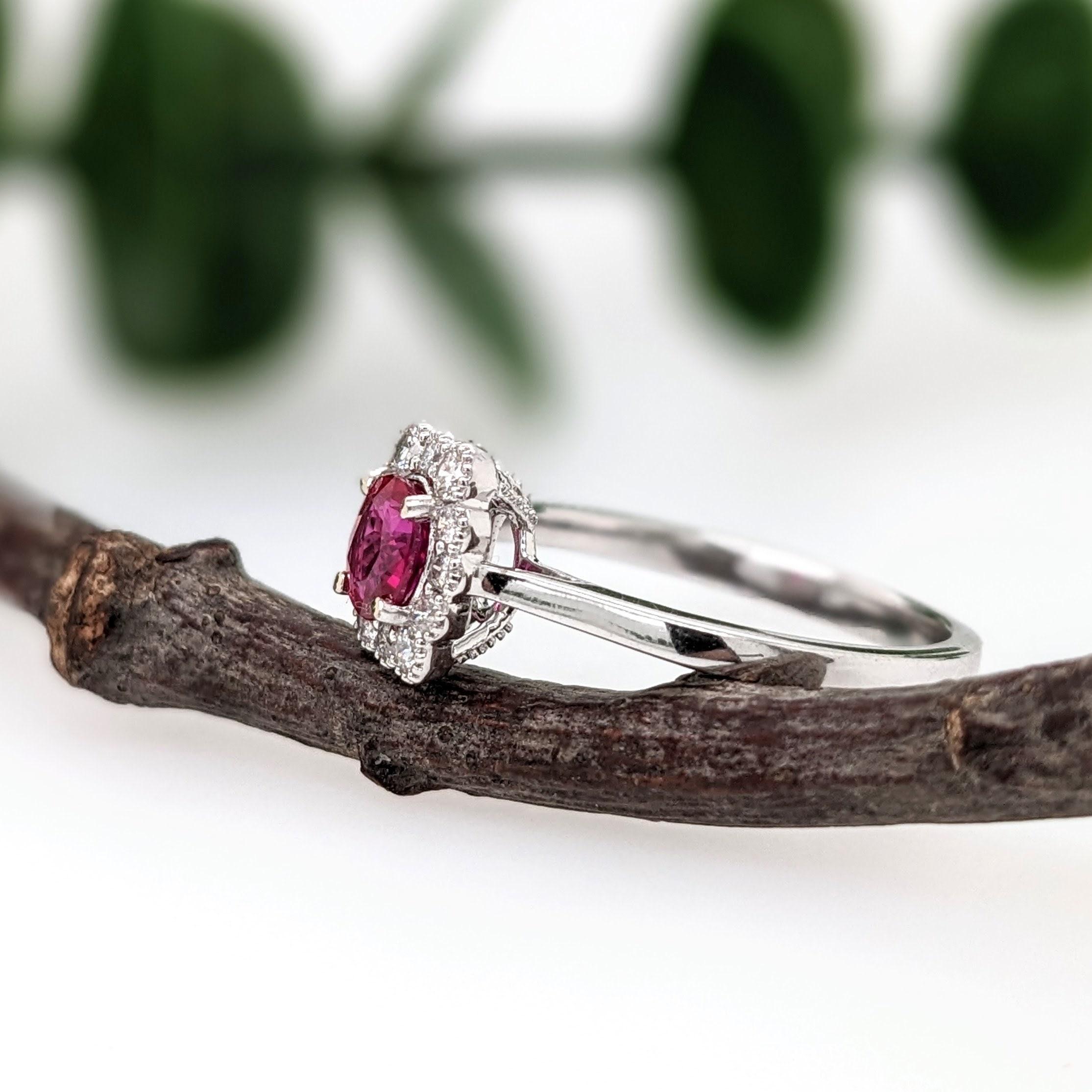 Oval Cut Mozambique Ruby Ring w Earth Mined Diamonds in Solid 14k White Gold Oval 5x4mm For Sale