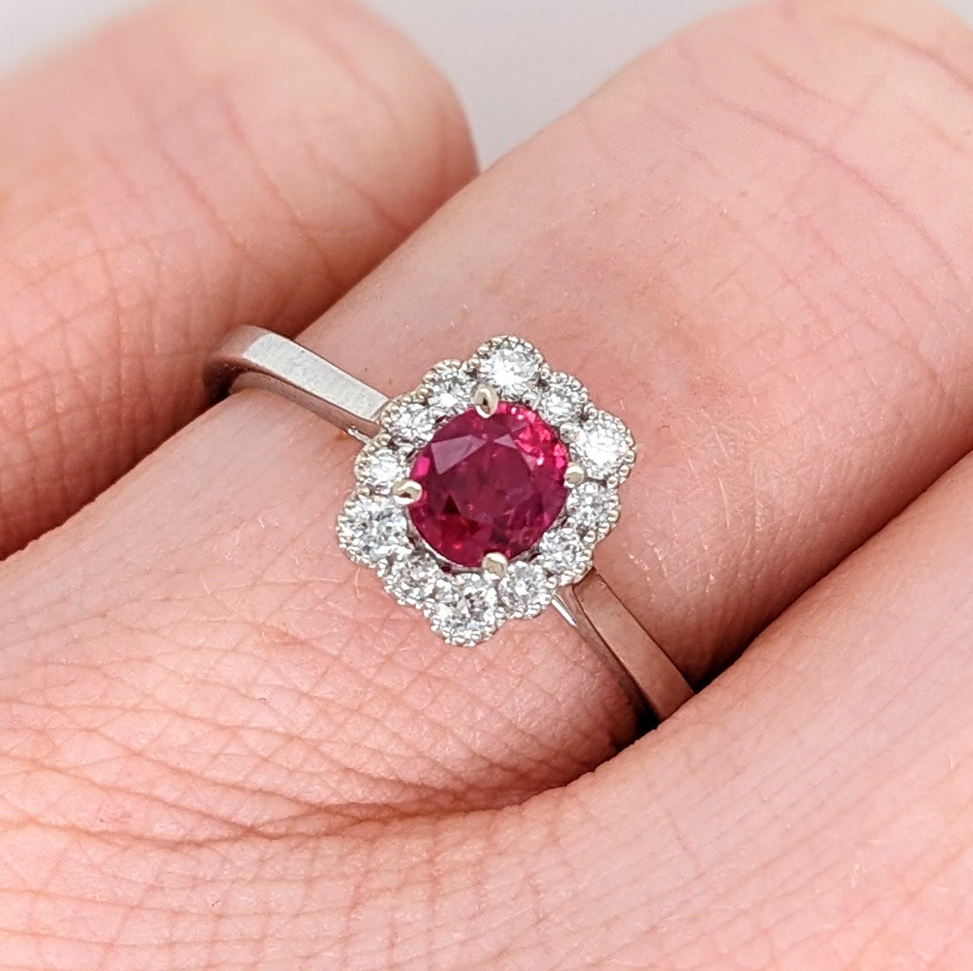 Mozambique Ruby Ring w Earth Mined Diamonds in Solid 14k White Gold Oval 5x4mm In New Condition For Sale In Columbus, OH